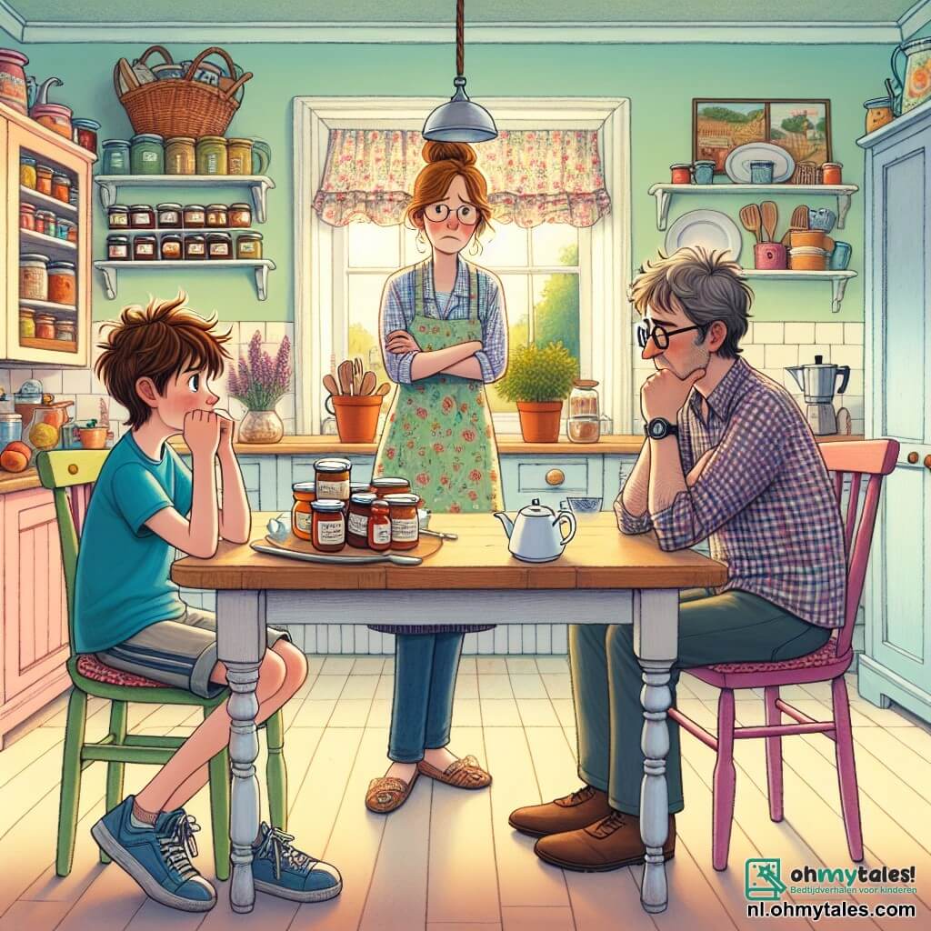 Illustratie van een scène in een warme en uitnodigende keuken. De muren zijn geschilderd in een zachte pastelkleur, met planken vol potten jam en kookboeken. Een grote houten tafel staat in het midden van de kamer, omringd door kleurrijke stoelen. 

Op de voorgrond kijkt een 11-jarig jongetje met rommelig bruin haar bezorgd naar zijn ouders. Hij draagt een blauwe t-shirt en een short. Rechts van hem staat een vrouw van een dertiger met kastanjebruin haar in een knot, die een zachte maar bezorgde blik heeft. Ze draagt een bloemen schort. Links van hem staat een man van een dertiger met een lichte baard en een bril, die nadenkend met gekruiste armen is gekleed in een geruite overhemd.

De belangrijkste situatie toont het jongetje dat moed verzamelt om met zijn ouders te praten, die aan de tafel zitten en zichtbaar bezorgd zijn over een recente ruzie. Er staan koffiekopjes op de tafel en een zacht licht valt door een raam, wat een intieme sfeer creëert. Op de achtergrond hangen kindertekeningen aan de muur, die de familiale liefde en onschuld symboliseren.