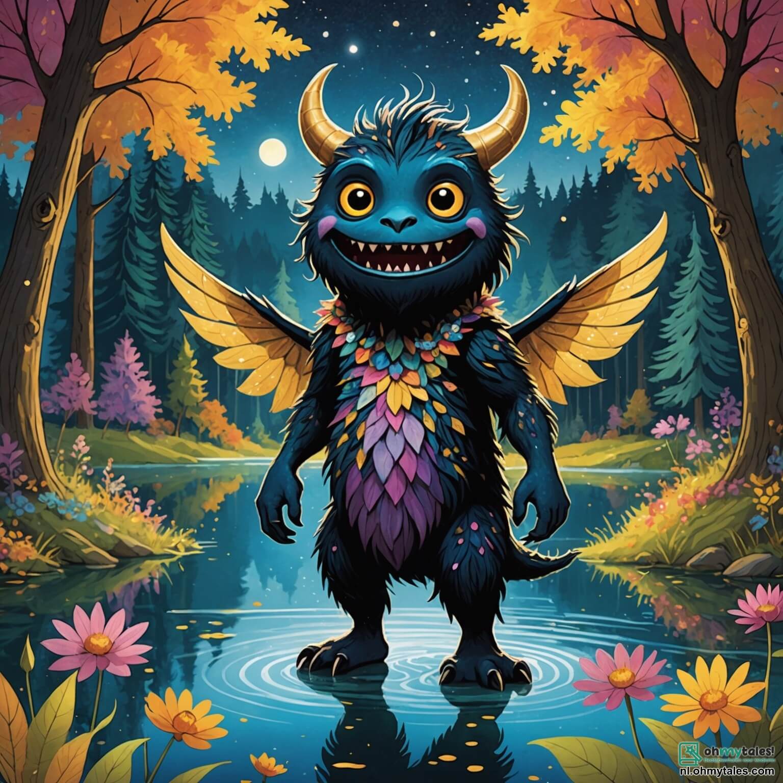 Une illustration destinée aux enfants représentant un monstre à la fourrure aussi sombre que la nuit, avec des yeux brillants comme des étoiles scintillantes, se tenant au bord d'un lac étincelant entouré de fleurs multicolores et de grands arbres aux feuilles dorées, alors qu'il aide une petite fille au sourire éclatant, perdue dans ce monde enchanté, à retrouver son chemin vers sa maison, tout en étant accompagné de joyeuses créatures ailées qui dansent autour d'eux dans une atmosphère magique et lumineuse, où la lumière du soleil filtre à travers les branches, créant des ombres dansantes sur le sol.