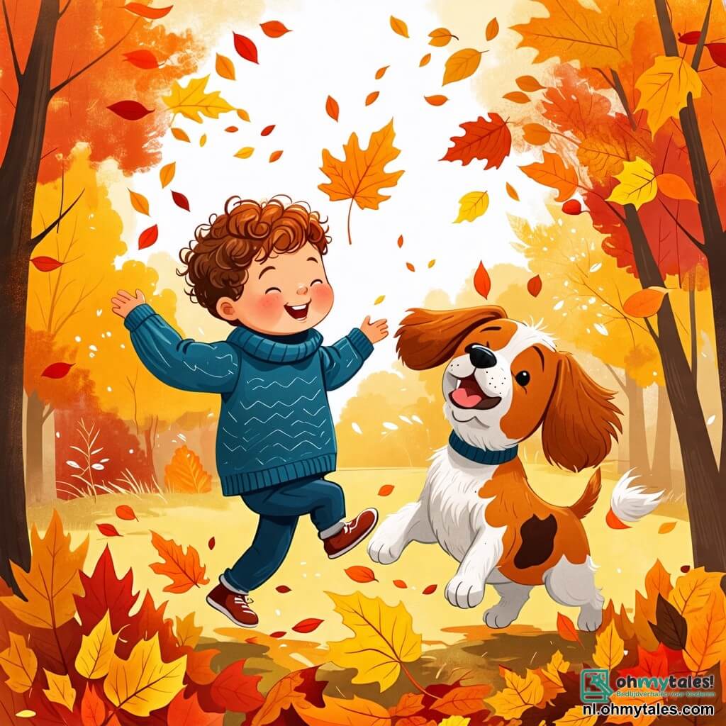 Une illustration sous forme de dessin destinée aux enfants représentant un jardin d'automne rempli de feuilles dorées et rouges, où un petit garçon de 2 ans aux cheveux bouclés et aux yeux pétillants, vêtu d'un pull bleu, s'amuse à lancer un grand feuillage jaune en l'air, tandis qu'un chien joyeux, de taille moyenne avec un pelage brun et des taches blanches, court autour de lui en aboyant, le tout sous un ciel clair et ensoleillé, évoquant la magie et la joie de la saison.