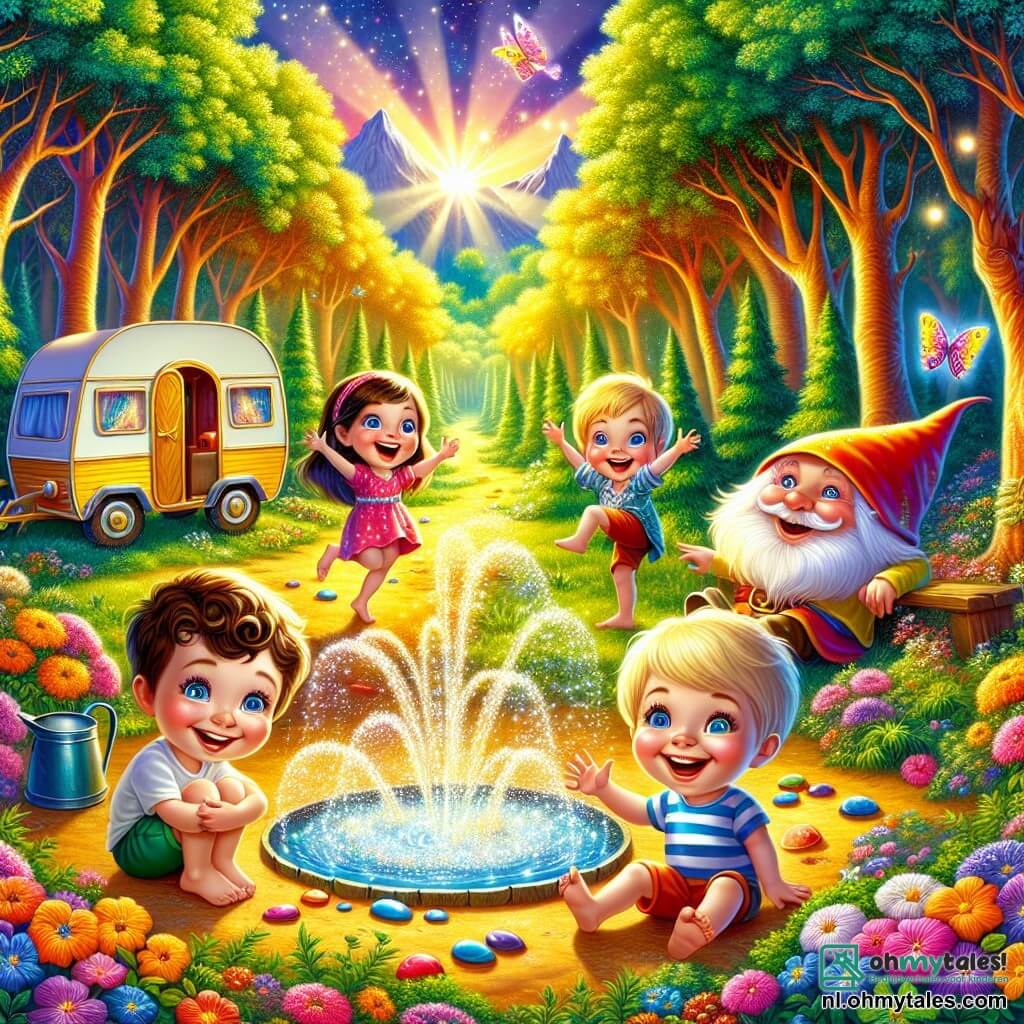 Illustratie die een magische scène toont in een zonnige open plek van het Magische Bos van Plezir. De open plek is omringd door bomen met kleurrijke stammen, hun bladeren schitteren en bloemen in heldere tinten dansen in de zachte bries. In het midden staan vier jongens van zes jaar, allemaal vrolijk en nieuwsgierig, bij elkaar. Een van hen, met krullend haar en een grote glimlach, zit in een kleine caravan, terwijl de anderen, met blond en bruin haar, om hem heen springen en sprankelend water van een magische bron spetteren. De hoofdscène toont de jongens die in lachen uitbarsten terwijl ze met het water spelen, hun gezichten verlicht door de vreugde en magie van het moment. Op de achtergrond kijkt een grote, blije gnoom met een grote puntige kap, in felle kleuren en met sprankelende ogen, lachend naar hen terwijl ze glinsterende stenen in hun handen houdt. Kleurrijke vlinders fladderen om hen heen en voegen een vleugje betovering toe aan deze speelse en betoverde scène.