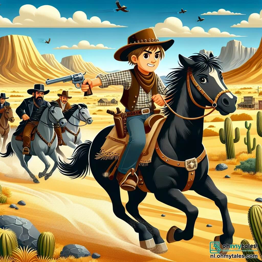Une illustration sous forme de dessin destinée aux enfants représentant un vaste paysage du Wilde Westen, avec des collines dorées et un ciel bleu éclatant, où un jeune cowboy aux cheveux bruns, portant un chapeau de cowboy usé et une chemise à carreaux, chevauche son fidèle cheval noir, Bliksem, tout en poursuivant une bande de bandits vêtus de vestes en cuir et de chapeaux sombres, qui s'enfuient avec une carte au trésor, tandis que des cactus et des rochers ajoutent une touche de désert à l'arrière-plan.