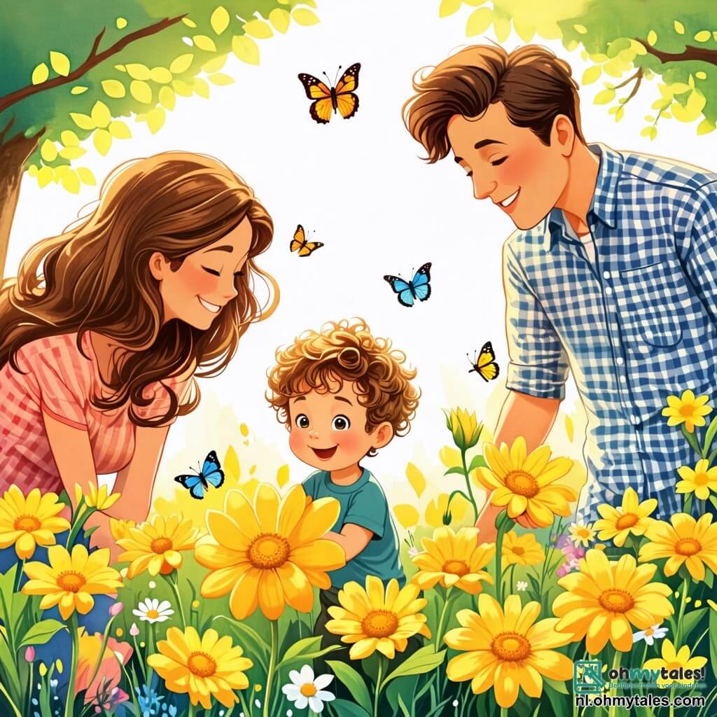 Une illustration sous forme de dessin destinée aux enfants représentant un jardin en pleine floraison au printemps, avec un petit garçon de 2 ans aux cheveux bouclés et aux yeux pétillants, qui s'émerveille en se penchant pour sentir une grande fleur jaune, tandis que sa maman, une femme souriante aux cheveux longs et bruns, l'observe avec tendresse, et son papa, un homme joyeux portant une chemise à carreaux, se tient à côté d'eux en souriant, le tout baigné dans une lumière douce et ensoleillée, avec des papillons colorés virevoltant autour des fleurs.