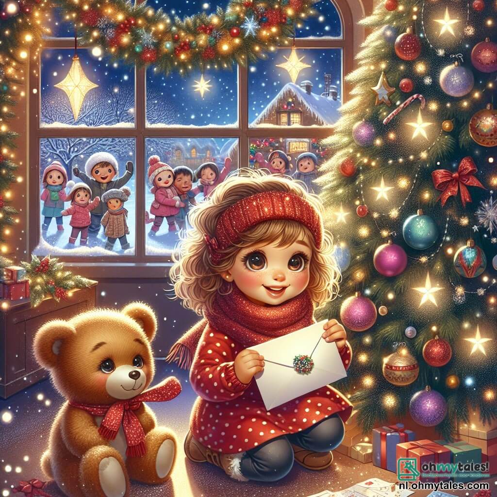 Illustratie van een magische kerstscène in een warm weeshuis, versierd met lichtslingers en zacht vallende sneeuwvlokken buiten. In het midden zit een 3-jarig meisje met grote, glanzende ogen en krullend haar, gekleed in een rode jurk met witte stippen en een wollen sjaal. Ze zit bij een grote kerstboom en houdt een glinsterende envelop in haar kleine handen, haar gezicht verlicht door opwinding. Naast haar staat een schattige teddybeer met een bruine vacht en een rode strik om zijn nek, die haar lijkt aan te moedigen. Op de achtergrond spelen enkele kinderen van ongeveer 5 tot 7 jaar met blije glimlachen in de sneeuw door het raam, wat een feestelijke en warme sfeer creëert. De hoofdscène toont het meisje dat klaar is om een brief aan de kerstman te sturen, vol hoop en magie, terwijl sterren in de nachtelijke lucht fonkelen, wat een vleugje betovering aan deze kerstscène toevoegt. Sneeuwvlokken dansen om hen heen en de boom is versierd met kleurrijke ballen en een glinsterende ster bovenop.