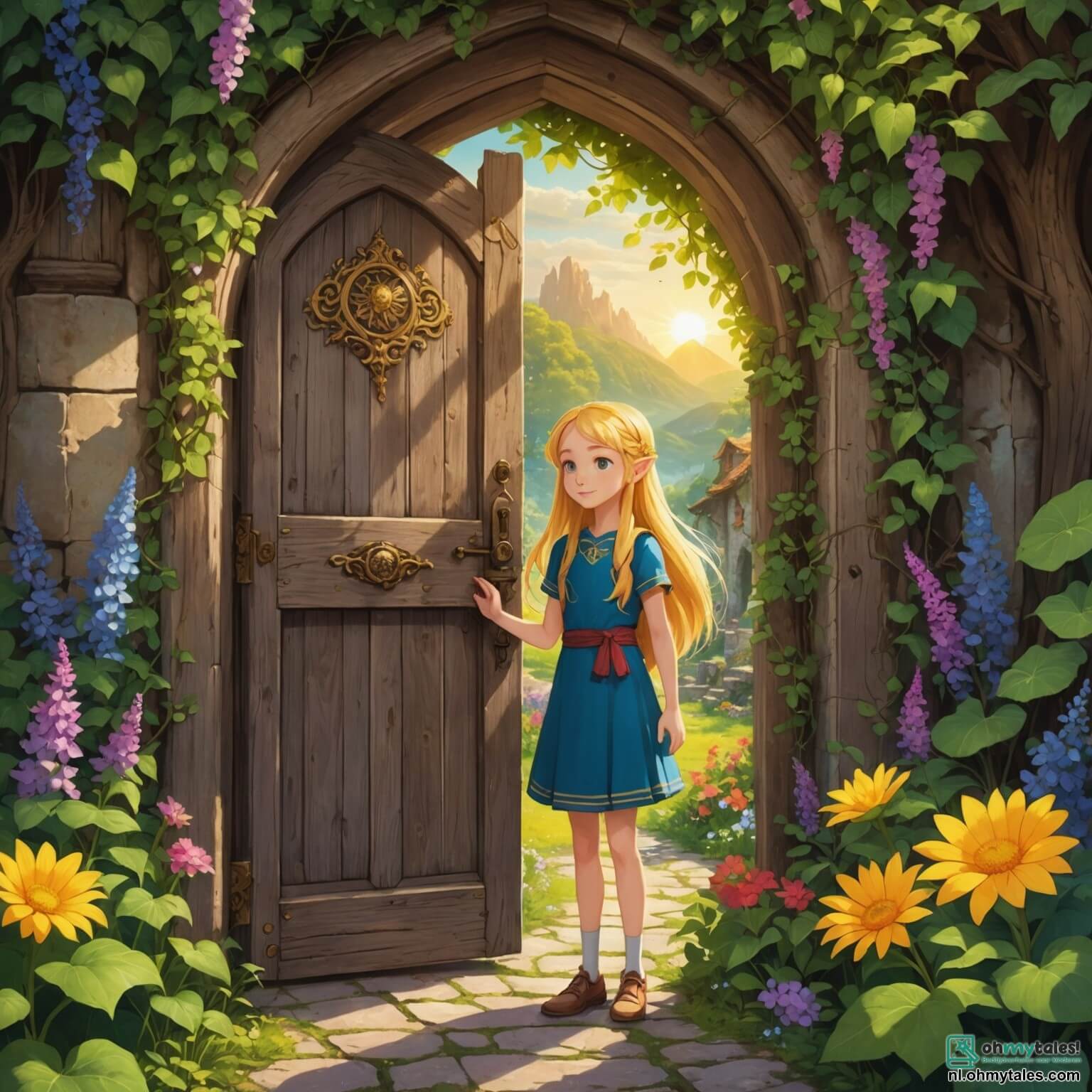 Une illustration destinée aux enfants représentant une jeune fille aux cheveux dorés comme les rayons du soleil, pleine de curiosité et de courage, se tenant devant une ancienne porte en bois ornée de fleurs colorées et de lianes verdoyantes, dans un vaste et enchanté royaume de Lumoria, où des créatures magiques comme un elfique garçon aux ailes scintillantes et un sage dragon aux écailles brillantes l'accompagnent dans sa quête pour retrouver une étoile magique volée par une sorcière maléfique, tout cela se déroulant dans un paysage féerique où les arbres géants, aux troncs noueux et aux feuilles chatoyantes, s'élèvent vers un ciel azur parsemé de nuages cotonneux, et où les rivières scintillent comme des fils d'argent sous le doux soleil.