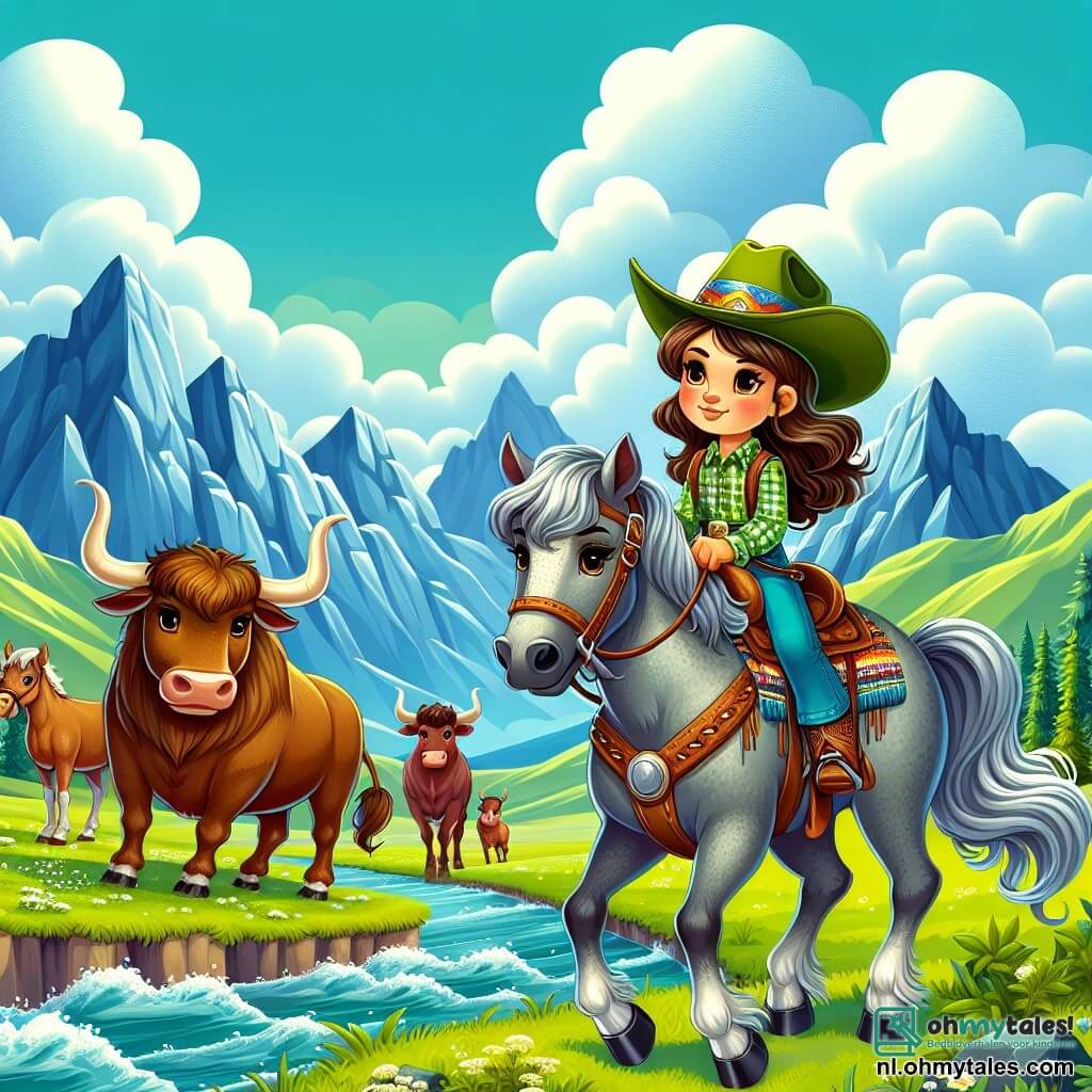 Illustratie van een uitgestrekte groene prairie onder een stralende blauwe lucht, bezaaid met enkele donzige witte wolken. In het midden van de scène staat een jonge cowgirl met lange kastanjebruine haren die in de wind waait, ze draagt een cowboyhoed met een kleurrijke band en een geruite blouse. Ze zit op een prachtige grijze paard met glanzende manen, houdt stevig de teugels vast en kijkt vastberaden naar een grote bruine stier die aan de andere kant van een woelige rivier staat. De stier, met majestueuze hoorns en een bezorgde blik, lijkt verloren en zoekt een manier om terug te keren naar zijn kudde. Op de achtergrond rijzen majestueuze bergen op, wat een gevoel van grootsheid aan de omgeving toevoegt. De scène straalt een sfeer van avontuur en moed uit, en illustreert het moment waarop de cowgirl besluit de stier te helpen zijn weg terug te vinden.