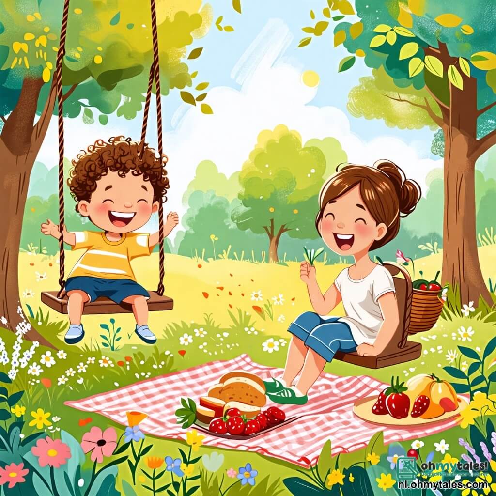 Une illustration sous forme de dessin destinée aux enfants représentant un parc ensoleillé avec des fleurs colorées et des arbres verdoyants, où un garçon de 2 ans aux cheveux bouclés et aux yeux pétillants rit joyeusement en se balançant sur une grande balançoire, tandis que sa maman, une femme souriante aux cheveux châtains attachés en chignon, le pousse doucement, entourés d'une couverture de pique-nique avec des fruits et du pain, capturant l'esprit d'une journée d'été pleine de joie et de découvertes.