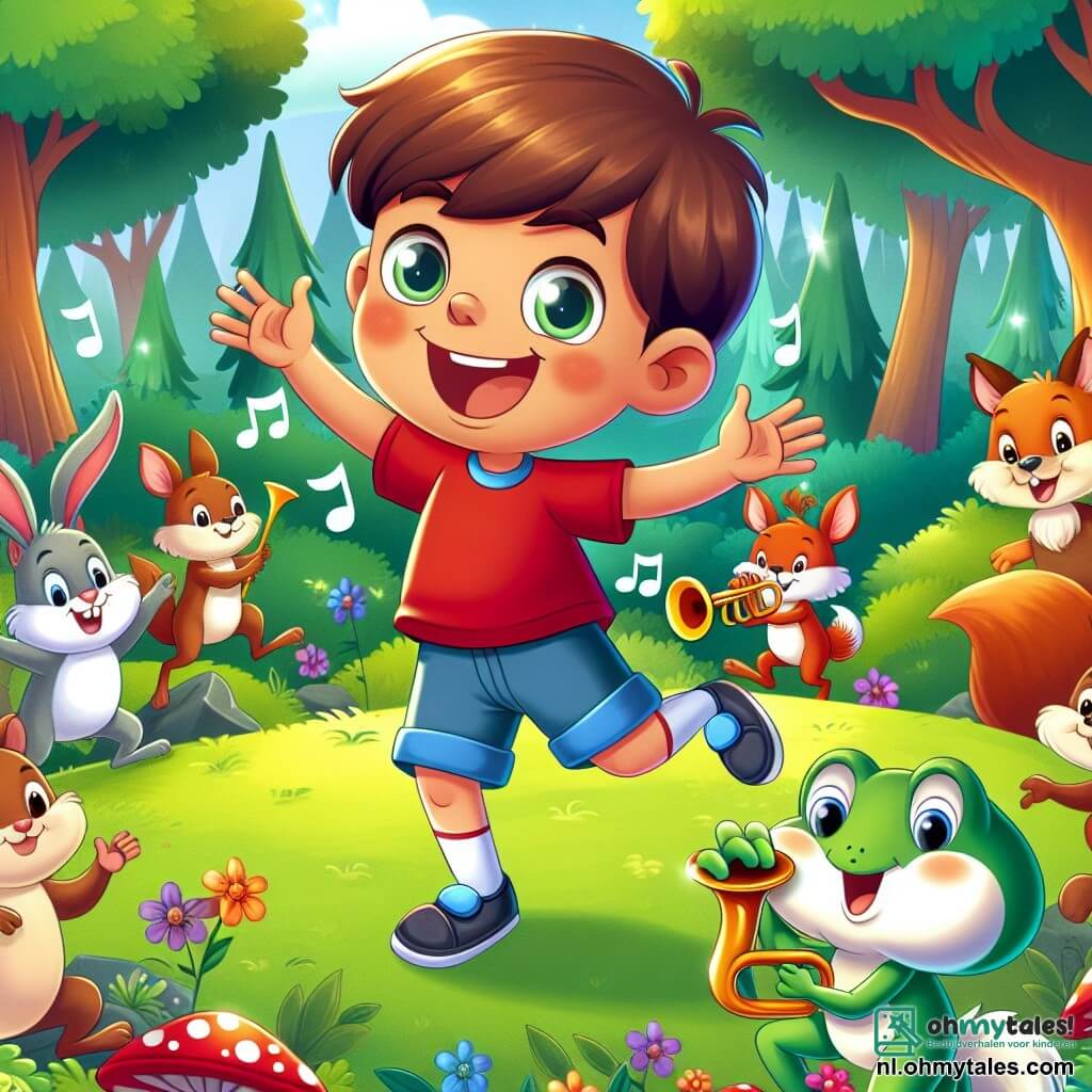 Une illustration sous forme de dessin destinée aux enfants représentant une clairière enchantée au cœur d'une forêt colorée, où un garçon de 9 ans aux cheveux châtains et aux yeux pétillants, vêtu d'un t-shirt rouge et de shorts bleus, danse joyeusement en faisant des pirouettes, entouré d'une petite grenouille verte avec une trompette enjouée, qui joue de la musique, tandis que des animaux comme des eekhoorns et des lapins, tous souriants et dansants, se joignent à lui pour célébrer un grand festival de joie et de magie.
