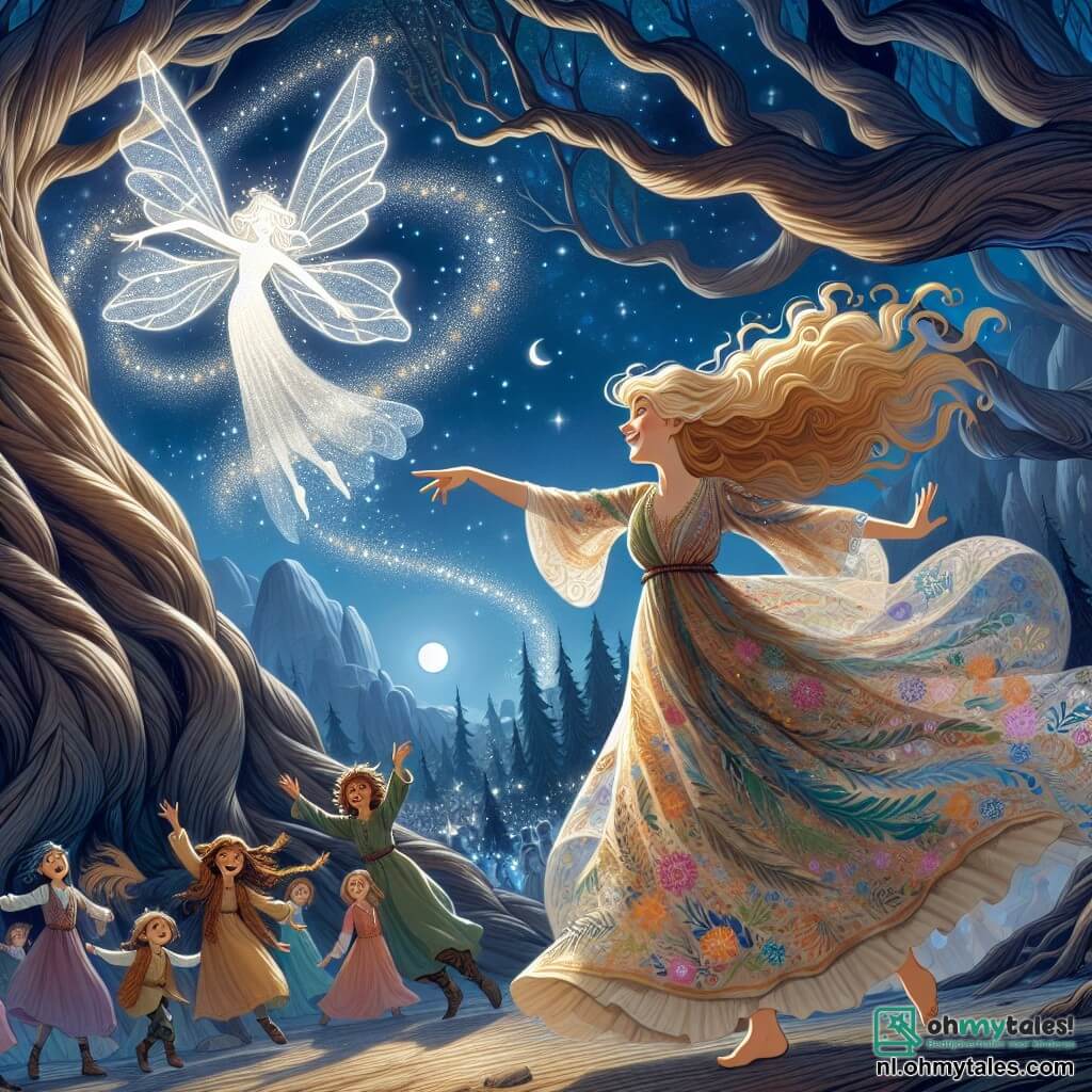 Illustratie van een magische scène in een oud bos, waar grote bomen met knoestige stammen oprijzen naar een sterrenhemel, verlicht door het zilveren licht van de maan. In het midden danst een jonge vrouw met gouden haren, die als zonnestralen zweven, vrolijk in een lichte jurk versierd met kleurrijke bloemenpatronen. Haar gezicht straalt verwondering en vastberadenheid uit terwijl ze haar hand uitsteekt naar een fantasiewezen. Naast haar draait een kleine, sterachtige, gevleugelde creatuur met glinsterende en transparante vleugels in de lucht, wat een vleugje magie aan de scène toevoegt. Op de achtergrond kijken verschillende kinderen van ongeveer 8 tot 10 jaar met grote ogen, hun gezichten verlicht door het licht van de dans. Ze dragen eenvoudige maar kleurrijke kleding en lijken gefascineerd door het spektakel. De hoofdscène toont de jonge vrouw en het wezen in een vrolijke dans, omringd door een sfeer van vriendschap en magie, terwijl de kinderen applaudisseren en lachen, wat een feestelijke en verwonderlijke ambiance creëert. Vuurvliegjes flonkerend om hen heen voegen een feeërieke toets toe aan deze betoverende scène.