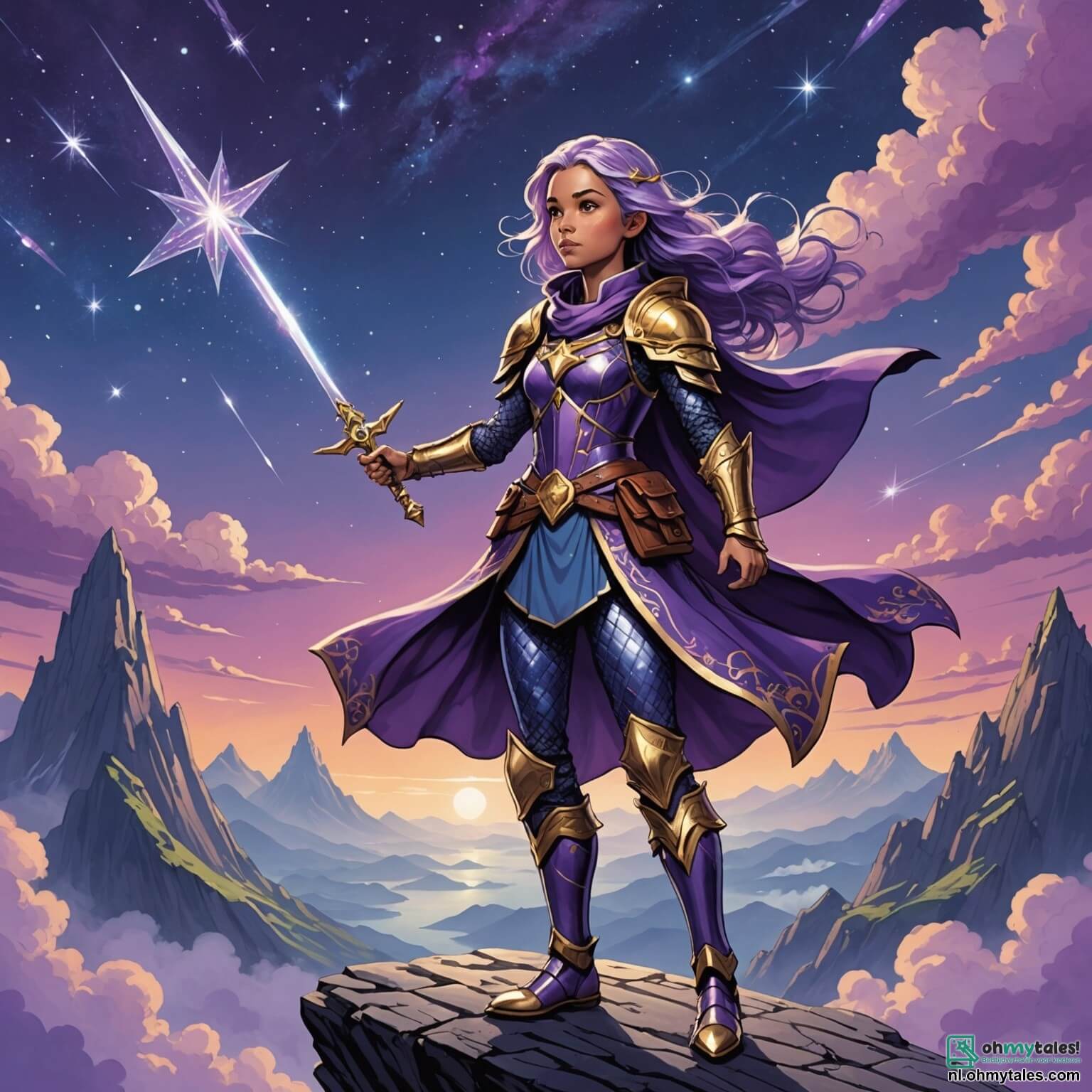 Une illustration destinée aux enfants représentant une jeune femme intrépide aux cheveux scintillants comme des étoiles filantes, vêtue d'une armure légère ornée de motifs célestes, se tenant fièrement sur la crête d'une montagne flottante au-dessus d'une mer de nuages violets, alors qu'elle se prépare à entreprendre une quête audacieuse pour retrouver des cristaux magiques capables de protéger son monde des forces obscures, accompagnée de sa fidèle amie, une elfe aux yeux pétillants de curiosité et aux oreilles pointues, qui partage son amour pour l'aventure et la découverte, le tout se déroulant sur la planète Veridia, un lieu enchanteur où la végétation luxuriante scintille sous la lumière des deux lunes et où des fleurs luminescentes dansent au rythme d'une brise légère, créant une atmosphère à la fois magique et mystérieuse.