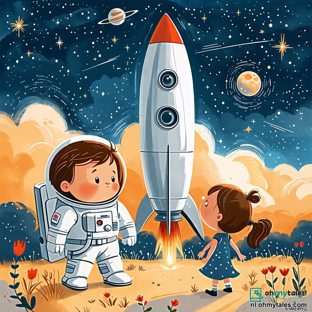 Une illustration sous forme de dessin destinée aux enfants représentant un vaste champ sous un ciel étoilé, avec un homme en combinaison spatiale blanche, aux cheveux bruns et aux yeux pétillants, debout à côté d'une grande fusée argentée, tandis qu'une fille aux cheveux blonds et une autre fille aux cheveux bruns, toutes deux émerveillées, regardent la fusée avec des expressions de joie et d'excitation, évoquant le rêve d'explorer la lune et de découvrir les étoiles.