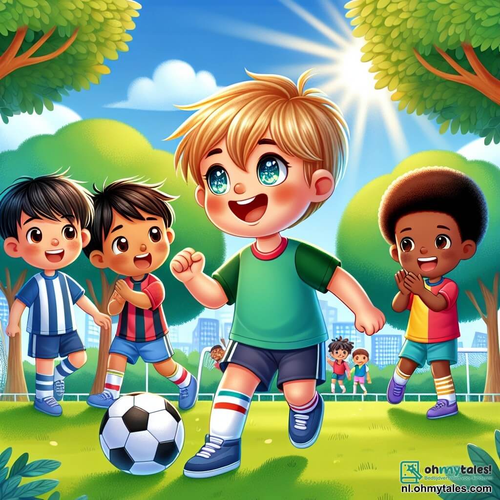 Une illustration sous forme de dessin destinée aux enfants représentant un parc ensoleillé avec des arbres verdoyants et un terrain de football, où un garçon de 7 ans aux cheveux blonds et aux yeux pétillants, vêtu d'un t-shirt coloré, dribble un ballon de football avec enthousiasme, tandis qu'un autre garçon de 7 ans, d'origine asiatique, souriant et vêtu d'un maillot, l'encourage à ses côtés, et un troisième garçon de 7 ans, d'origine africaine, applaudit en arrière-plan, illustrant la joie de l'amitié et de la tolérance entre enfants de différentes cultures qui s'unissent pour jouer ensemble.