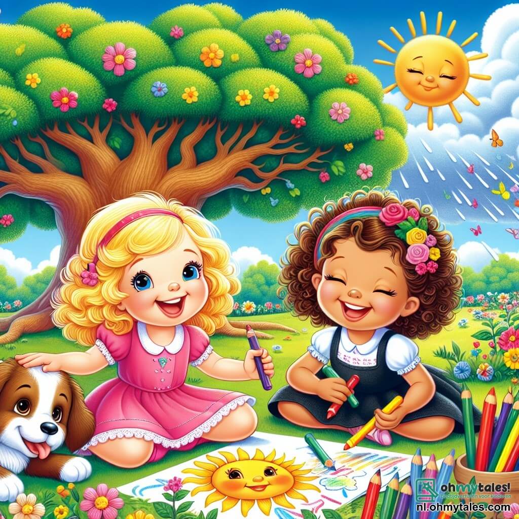 Illustration destinée aux enfants représentant un jardin ensoleillé, rempli de fleurs colorées et d'arbres majestueux, où un petit coin de verdure est occupé par une grande arbre aux branches étendues. Au premier plan, une petite fille de 3 ans, avec des cheveux blonds en boucles et une robe rose, sourit joyeusement tout en tenant des crayons de couleur, assise sur l'herbe. À côté d'elle, une petite fille de 3 ans d'origine ethnique brune, avec des cheveux châtains et une robe bleue, est en train de dessiner un soleil et une grande pluie de couleurs sur une feuille de papier. Les deux enfants, unies par leur amitié, rient ensemble, tandis qu'un chien brun aux yeux pétillants les observe avec curiosité. Le ciel est bleu, parsemé de nuages blancs, et une ambiance de joie et de camaraderie émane de cette scène, illustrant la tolérance et l'amitié entre les enfants.