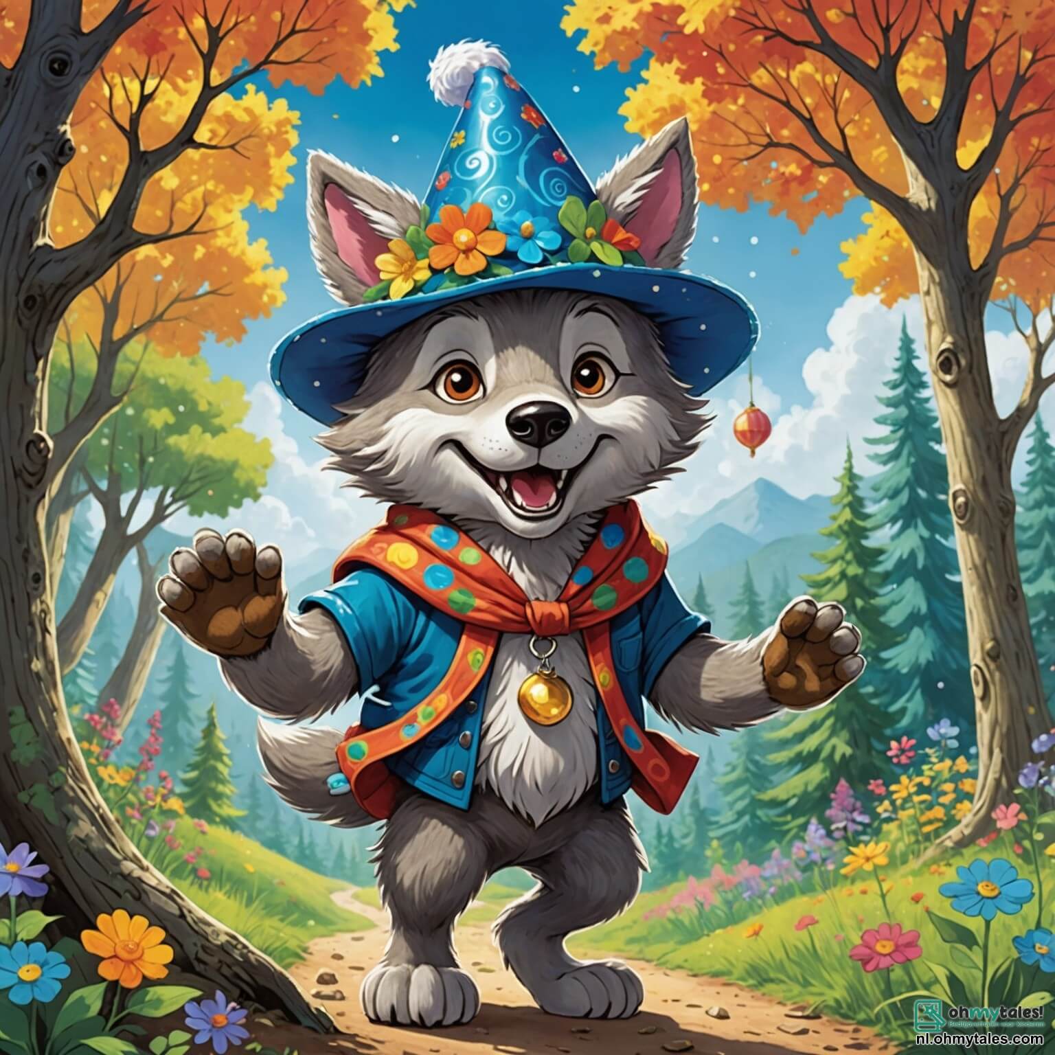 Une illustration destinée aux enfants représentant un loup espiègle aux yeux pétillants et à la fourrure argentée, portant une grande et colorée chapeau en forme de fleur, se faufilant joyeusement à travers une forêt enchantée où les arbres majestueux aux troncs noueux s'élèvent vers un ciel azur parsemé de nuages cotonneux, tandis qu'il s'apprête à organiser une fête surprise pour son meilleur ami, un ours jovial et dodu, avec l'aide de ses amis, une petite lapine aux grandes oreilles et une tortue sage, tous réunis autour d'une clairière baignée de lumière dorée, remplie de fleurs éclatantes et d'odeurs sucrées de gâteaux fraîchement cuits.