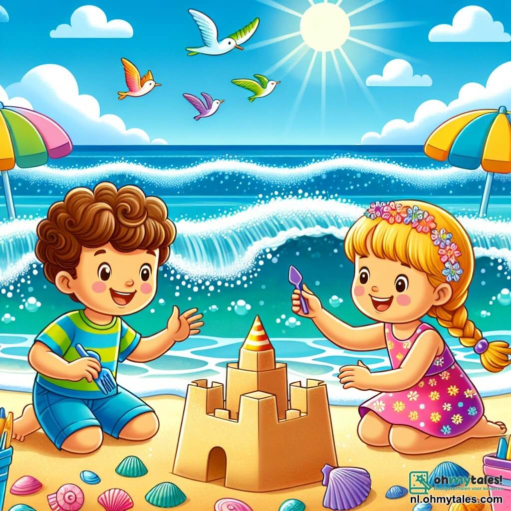 Une illustration sous forme de dessin destinée aux enfants représentant une plage ensoleillée avec des vagues scintillantes, où un garçon de 5 ans aux cheveux bruns et bouclés, portant un maillot de bain coloré, est en train de construire un grand château de sable, tandis qu'une fille de 5 ans aux cheveux blonds et tressés, vêtue d'un maillot rose, l'aide joyeusement en ajoutant des coquillages décoratifs, le tout sous un ciel bleu clair et avec des parasols colorés en arrière-plan.