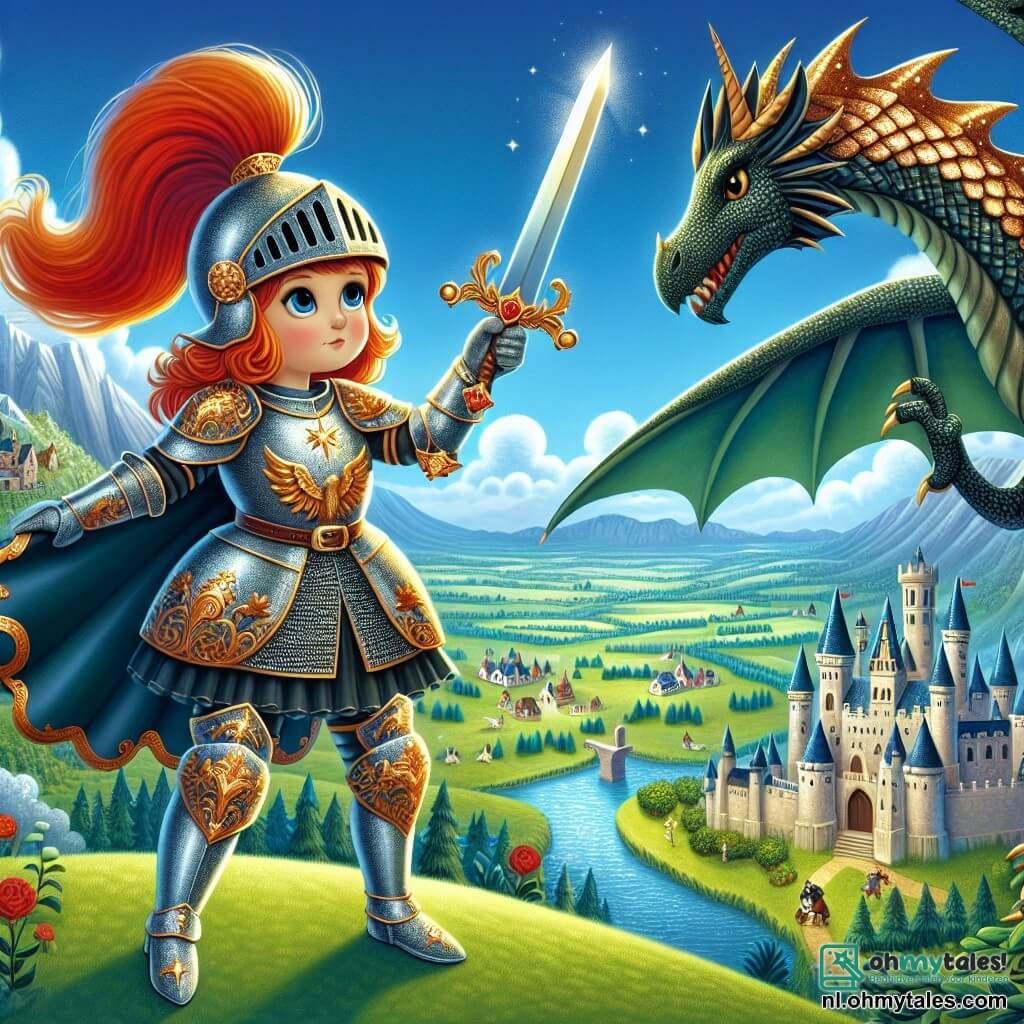 Une illustration destinée aux enfants représentant une courageuse chevaleresse à la chevelure flamboyante, vêtue d'une armure étincelante ornée de motifs dorés, brandissant fièrement son épée scintillante sous le ciel azur, se tenant au sommet d'une colline verdoyante surplombant un vaste royaume parsemé de châteaux majestueux et de villages pittoresques, alors qu'elle se prépare à affronter un redoutable dragon aux écailles brillantes comme des émeraudes, avec à ses côtés un fidèle destrier noir comme la nuit, et une sage vieille femme au regard perçant, qui lui prodigue des conseils précieux, tout cela se déroulant dans un monde enchanteur où la magie et l'aventure se mêlent à chaque tournant.