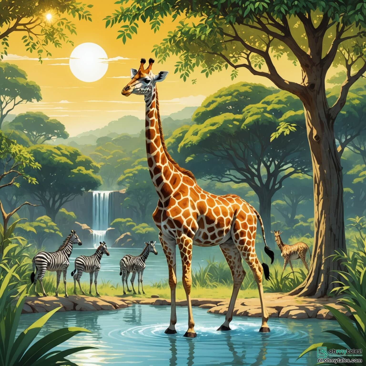 Une illustration destinée aux enfants représentant une majestueuse girafe au pelage doré scintillant sous le soleil éclatant de la savanne africaine, se tenant fièrement parmi les acacias aux feuilles vert émeraude, tandis qu'elle observe avec curiosité les autres animaux tels que des zèbres aux rayures noires et blanches et des éléphants aux grandes oreilles, tous réunis autour d'un point d'eau scintillant, où la lumière du jour danse sur les vagues, alors que la girafe, bien que se sentant un peu seule, aspire à se faire des amis et à partager ses talents uniques pour aider les autres dans ce paysage vibrant et coloré, où le chant des oiseaux et le bruissement des feuilles créent une mélodie joyeuse et accueillante.