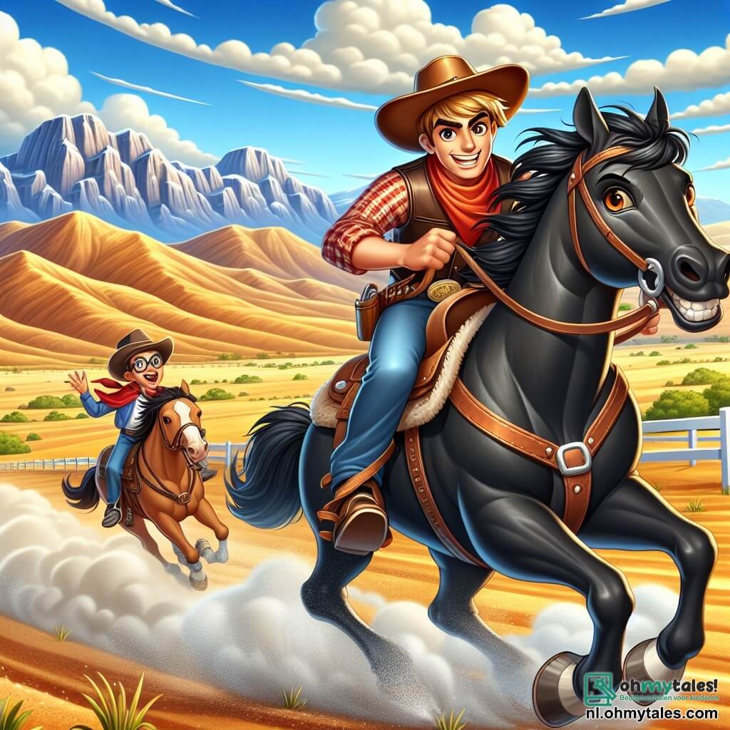Illustratie van een spannende race-scène in de woestijn van het Wilde Westen. Het landschap is uitgestrekt, met gouden heuvels onder een stralende blauwe lucht, bezaaid met enkele witte, donzige wolken. In de verte rijzen majestueuze bergen op, met hun besneeuwde toppen die in de zon glinsteren. Op de voorgrond is een man, een cowboy, die in volle vaart op zijn zwarte paard rijdt. Hij draagt een brede cowboyhoed, een rood geruit overhemd en een leren vest. Zijn gezicht is vastberaden, met sprankelende ogen van opwinding, en hij houdt de teugels van zijn paard stevig vast. Zijn krachtige en snelle paard heeft een manen die in de wind wappert. Naast hem staat een jonge jongen van ongeveer tien jaar, met een bril en een bemoedigende glimlach, die de race met bewondering volgt. Hij draagt een blauwe t-shirt en een korte broek, en hij zwaait met zijn armen terwijl hij aanmoedigingen roept. De hoofdscène toont de cowboy aan de leiding van de race, klaar om de finishlijn te passeren, terwijl tegenstanders op de achtergrond geconcentreerd kijken. Stofwolken stijgen op rond de hoeven van het paard, wat een dynamische en energieke sfeer creëert. Cactussen en rotsen sieren de grond, wat een typische toets aan het landschap van het Wilde Westen toevoegt.