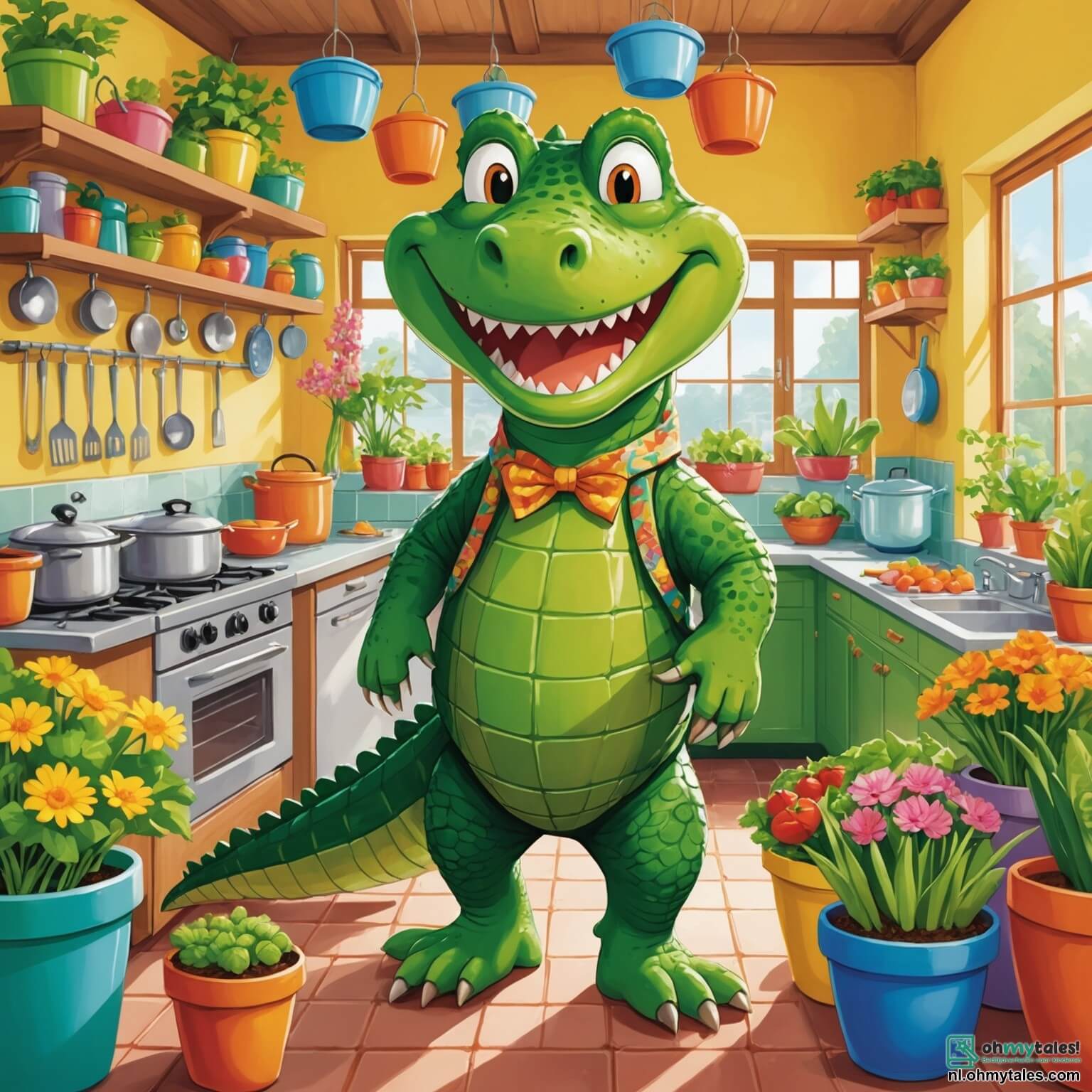 Une illustration destinée aux enfants représentant un crocodile au sourire malicieux, aux écailles d'un vert éclatant et aux yeux pétillants de malice, se tenant fièrement dans sa cuisine colorée, remplie de pots de fleurs aux couleurs vives, de légumes frais aux formes amusantes et de grandes casseroles brillantes, alors qu'il s'apprête à organiser une joyeuse compétition culinaire dans le charmant village de Dierendorp, où ses amis, un lapin aux grandes oreilles, une éléphante au cœur tendre, un tigre plein de fougue et une canard espiègle, se rassemblent autour de lui, impatients de découvrir qui préparera le plat le plus délicieux dans cette atmosphère chaleureuse et animée, pleine de rires et de bonne humeur.