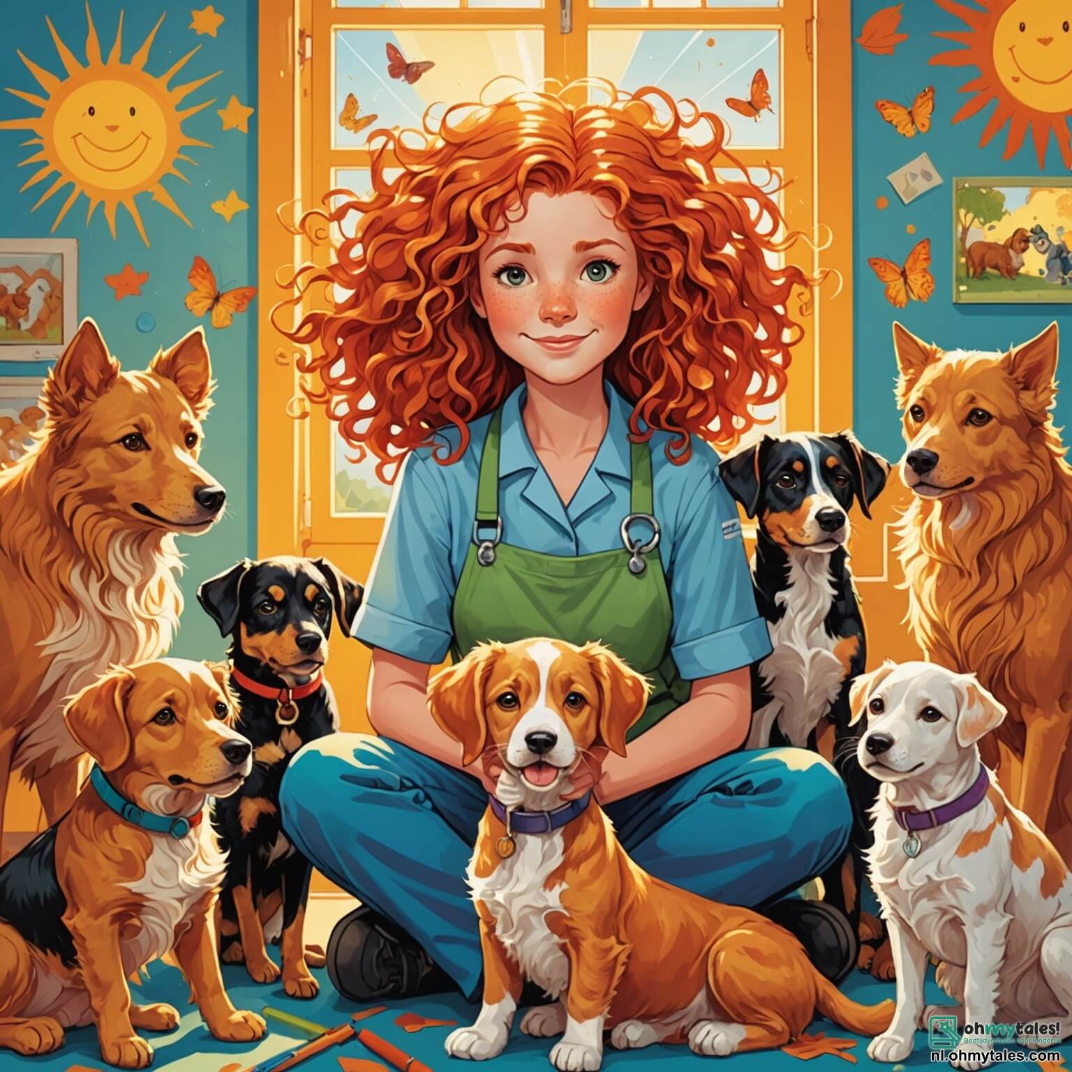 Une illustration destinée aux enfants représentant une vétérinaire au grand cœur, une femme à la chevelure flamboyante et aux yeux pétillants de compassion, entourée de ses fidèles amis à quatre pattes dans un asile coloré et chaleureux, où les murs sont ornés de dessins d’animaux joyeux et de rayons de soleil filtrant à travers les fenêtres, tandis qu’un groupe d’enfants curieux, deux filles aux boucles dorées et un garçon au sourire éclatant, l’observe avec admiration alors qu’elle prodigue des soins à un adorable chiot tout en partageant des histoires captivantes sur l’importance de prendre soin des animaux.