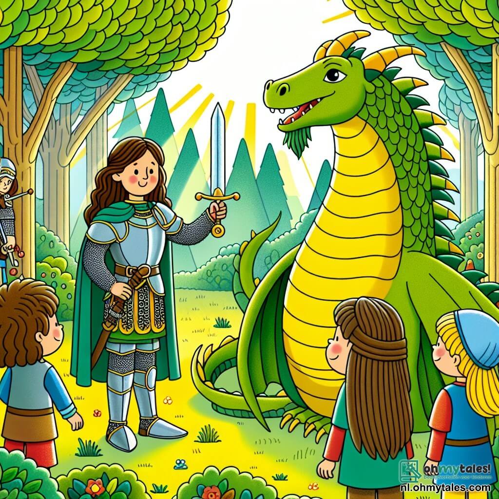Une illustration sous forme de dessin destinée aux enfants représentant une clairière ensoleillée entourée de grands arbres verdoyants, où une courageuse chevaleresse aux longs cheveux bruns, portant une armure étincelante et brandissant un épée, se tient fièrement aux côtés d'un grand dragon aux écailles vertes et aux yeux doux, tandis qu'un groupe d'enfants du village, émerveillés, les observe avec des sourires, illustrant ainsi le moment où la chevaleresse propose une amitié inattendue à la créature légendaire, symbolisant la bravoure et la paix.