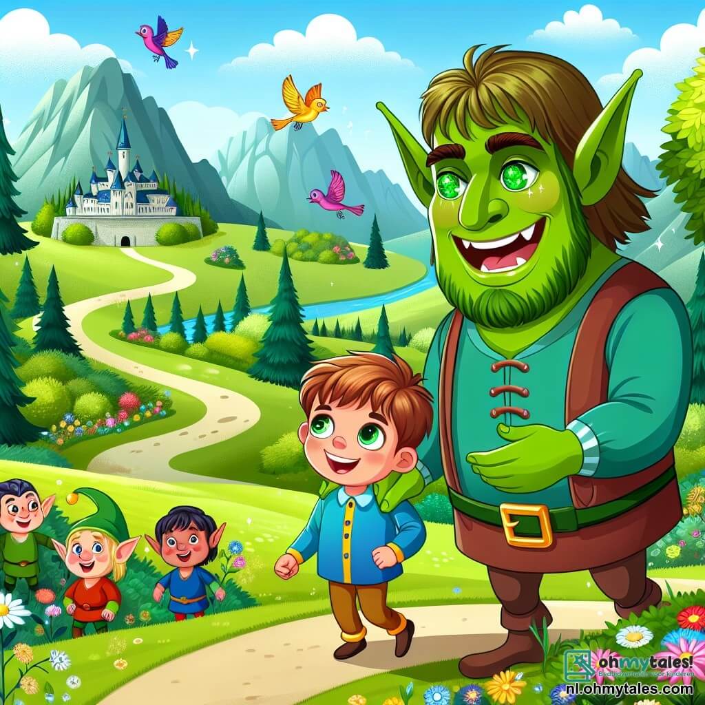 Une illustration sous forme de dessin destinée aux enfants représentant une vaste et enchantée vallée verdoyante, où un grand ogre au teint vert et aux yeux brillants comme des émeraudes se tient amicalement, avec un large sourire, tandis qu'il guide un garçon aux cheveux châtains et aux yeux pétillants, vêtu d'une chemise colorée, à travers un chemin bordé de fleurs multicolores et d'arbres majestueux, alors qu'ils se dirigent vers une mystérieuse bibliothèque ancienne, symbolisant leur quête pour retrouver un artefact magique, avec des oiseaux chantants et des elfes espiègles observant la scène avec curiosité.