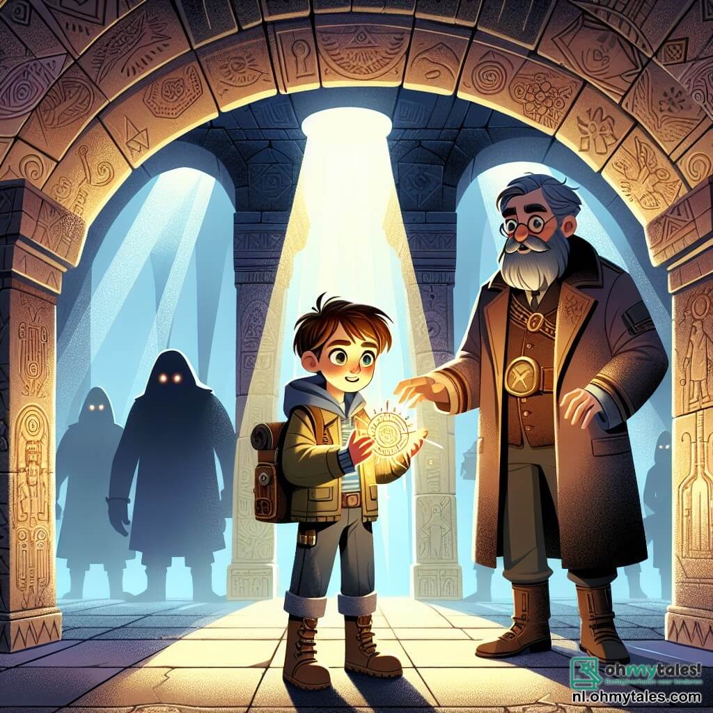 Une illustration sous forme de dessin destinée aux enfants représentant une immense chambre souterraine ornée de fresques anciennes et illuminée par un mystérieux appareil brillant au centre, où un jeune garçon aux cheveux châtains et aux yeux pétillants, vêtu d'une veste d'explorateur, touche avec émerveillement le cœur d'Eldoria, tandis qu'un vieil homme à la barbe grise, portant des lunettes rondes et une longue cape, l'observe avec fierté, alors qu'une ombre menaçante de silhouettes de chasseurs de trésors se profile à l'entrée de la pièce, créant une atmosphère de tension et d'aventure.