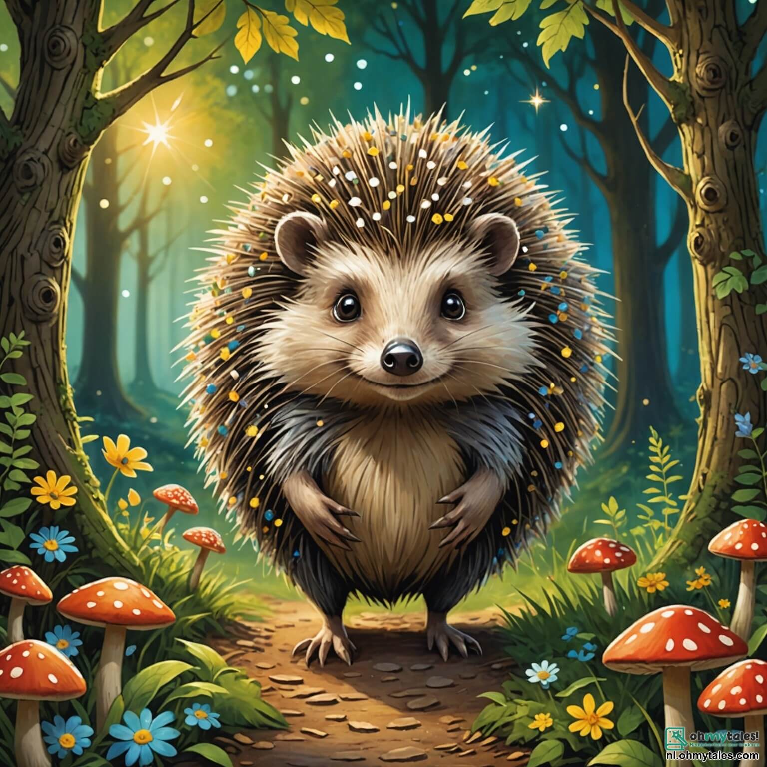 Une illustration destinée aux enfants représentant un hérisson aux piquants scintillants comme des étoiles, se frayant un chemin à travers une forêt enchantée où les arbres majestueux aux troncs noueux s'élèvent vers le ciel, leurs feuilles d'un vert éclatant dansent doucement au gré du vent, tandis qu'une douce lumière dorée filtre à travers le feuillage, illuminant le sentier tapissé de fleurs colorées et de champignons aux formes étranges, où ce petit héros, curieux et courageux, se lance dans une quête pour retrouver son ami le lapin espiègle, qui s'est perdu dans les méandres d'un ruisseau murmureux, entouré de buissons fleuris et de pierres luisantes, tout en écoutant les chants mélodieux des oiseaux perchés sur les branches, promettant une aventure pleine de surprises et de découvertes.
