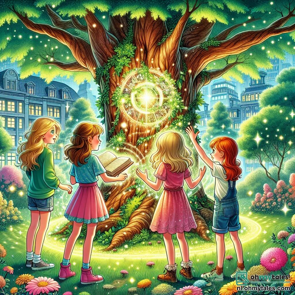 Illustratie die een magische scène in een stadspark weergeeft. Het park is gevuld met majestueuze bomen met stralend groene bladeren en kleurrijke bloemen die dansen in de wind. In het midden staat een grote, oude boomschors, ruw en bedekt met mos, die een zachte, mysterieuze gloed uitstraalt. Drie meisjes van ongeveer tien jaar staan in een cirkel om de boom. Het eerste meisje, met blond haar en sprankelende ogen, draagt een roze jurk en heeft een vastberaden glimlach. Het tweede meisje, met bruin haar en ronde bril, is gekleed in een blauwe t-shirt en kijkt aandachtig naar een open boek in haar handen. Het derde meisje, met rood haar en sproeten, draagt een spijkerbroekshort en steekt haar armen naar de lucht, alsof ze magie oproept. In deze scène gebruiken de meisjes een glinsterende kristallen kom die lichtflitsen uitstraalt en een grote magische spiegel die beelden van fantastische wezens weergeeft. Lichtflitsen en kleine vonkjes zweven om hen heen en creëren een betoverende sfeer. Op de achtergrond tekenen zich dreigende schaduwen af, wat de aanwezigheid van duistere wezens suggereert die op de loer liggen, wat een voelbare spanning aan de illustratie toevoegt.