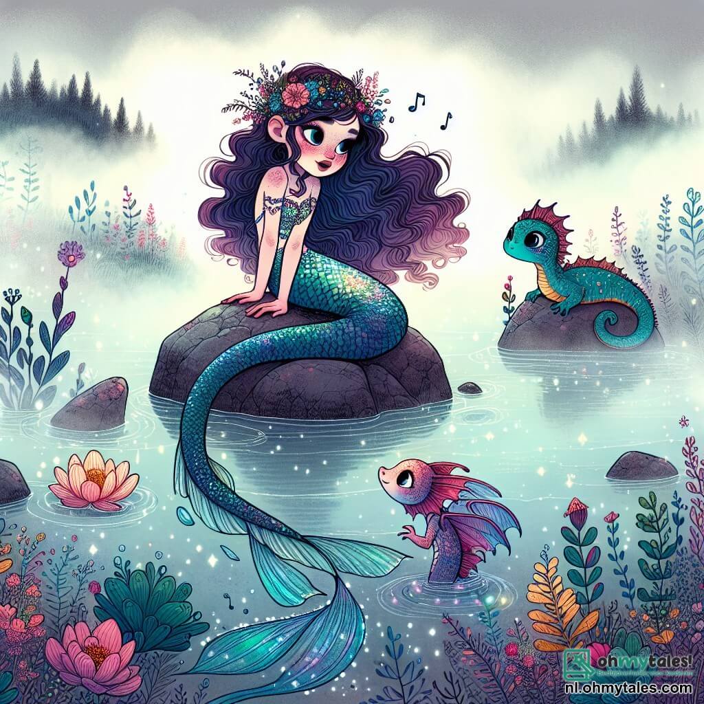 Une illustration sous forme de dessin destinée aux enfants représentant un mystérieux moeras brumeux, où une jeune sirène aux écailles scintillantes comme des étoiles et aux longs cheveux ondulés d'un bleu profond chante doucement sur une pierre au bord de l'eau, tandis qu'à ses côtés, un petit dragon aux écailles multicolores, avec des yeux pétillants de curiosité, l'observe attentivement, et ensemble, ils cherchent à retrouver la mère du dragon, entourés de fleurs aquatiques colorées et de créatures fantastiques cachées dans la brume.