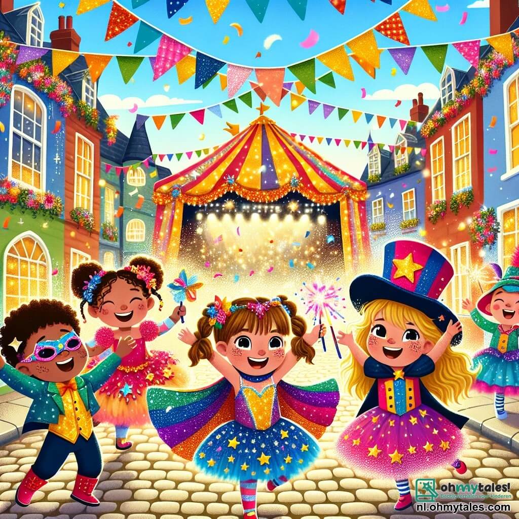 Illustratie van een levendige carnavalscène in een zonnig dorp. De locatie is gevuld met felle kleuren, met geplaveide straten versierd met bloemenkransen en kleurrijke vlaggen die in de wind wapperen. Op de achtergrond trekt een groot podium, versierd met glitters en fonkelende lichten, alle blikken.

Op de voorgrond zijn vier kinderen, twee meisjes en twee jongens, druk in de weer. Het eerste meisje, ongeveer zes jaar oud, heeft lange krullende haren en draagt een kleurrijke tutu met glanzende sterren. Ze glimlacht vrolijk terwijl ze haar armen omhoog steekt, alsof ze gaat vliegen. Het tweede meisje, ook zes jaar oud, heeft gevlochten blond haar en draagt een grote tovenaarshoed met glitters. Ze zwaait met een toverstok, omringd door confetti.

De eerste jongen, ongeveer zes jaar oud, heeft rommelig bruin haar en draagt een superheldenoutfit met een rode cape. Hij doet alsof hij vliegt, met zijn armen wijd open en een grote glimlach op zijn gezicht. De tweede jongen, eveneens zes jaar oud, heeft ronde brillen en draagt een kleurrijk clownkostuum, met een rode neus en een grote glimlach. Hij jongleert met ballonnen in verschillende kleuren.

De hoofdscène toont de kinderen die optreden op het podium, omringd door een enthousiast publiek dat applaudisseert en lacht. Fonkelende sterren en zeepbellen zweven in de lucht, wat een magische sfeer toevoegt aan het feestelijke geheel. Ballonnen en confetti vallen uit de lucht, waardoor een vrolijke en speelse ambiance ontstaat die de geest van het carnaval vastlegt.