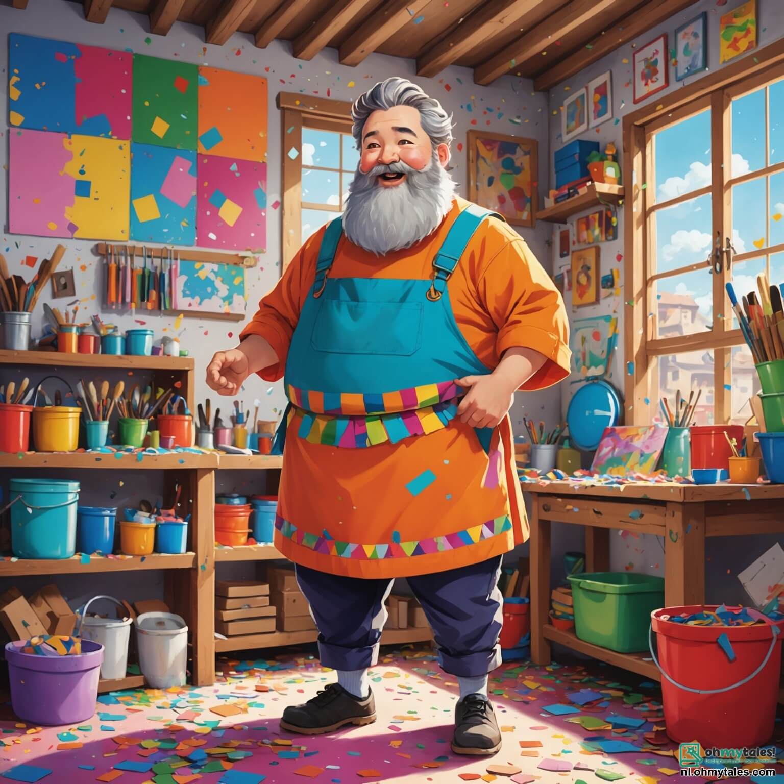 Une illustration destinée aux enfants représentant un homme jovial à la barbe duveteuse et au ventre rond, vêtu d'une blouse éclatante de couleurs, se tenant dans son atelier lumineux aux murs tapissés de toiles vibrantes, où des éclats de peinture jonchent le sol comme des confettis, tandis qu'il invite deux enfants, une fille aux cheveux tressés ornés d'un joli nœud et un garçon portant une casquette, à plonger dans l'univers magique de l'art en peignant ensemble un tableau représentant leur village ensoleillé, rempli de maisons aux teintes pastel et de jardins fleuris, sous un ciel azur où les oiseaux chantent joyeusement.