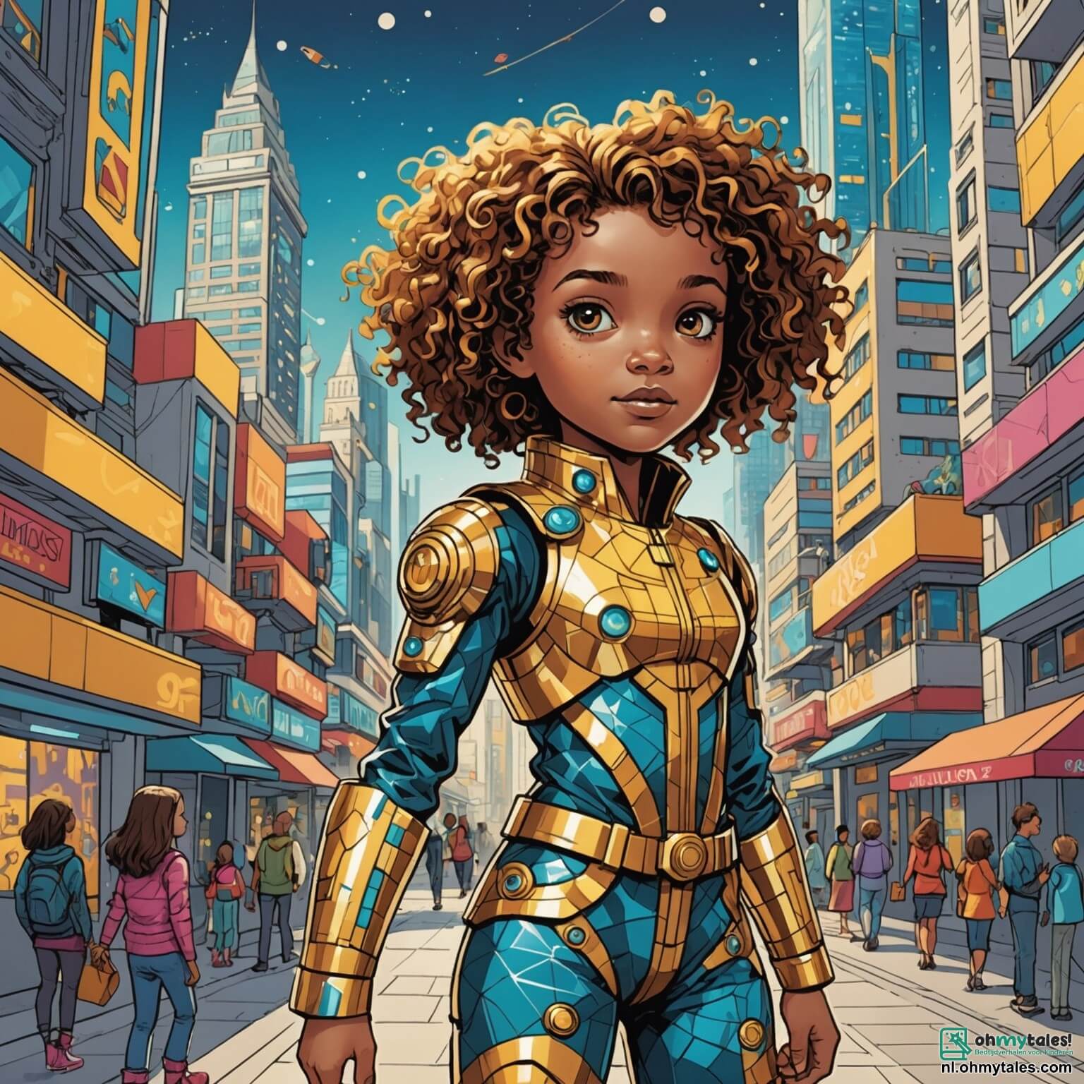 Une illustration destinée aux enfants représentant une petite fille aux cheveux bouclés et brillants comme des fils d'or, vêtue d'une combinaison colorée ornée de motifs futuristes, explorant avec émerveillement une ville futuriste aux bâtiments scintillants et aux formes audacieuses, où des robots amicaux aux yeux lumineux l'accompagnent dans sa quête pour découvrir une mystérieuse carte ancienne, le tout se déroulant dans Glimmerstad, une métropole vibrante où les rues sont pavées de lumières dansantes et où des véhicules flottants glissent gracieusement dans un ciel d'un bleu éclatant, tandis qu'un robot rond et jovial, son meilleur ami, l'encourage avec des phrases pleines de joie et d'enthousiasme.