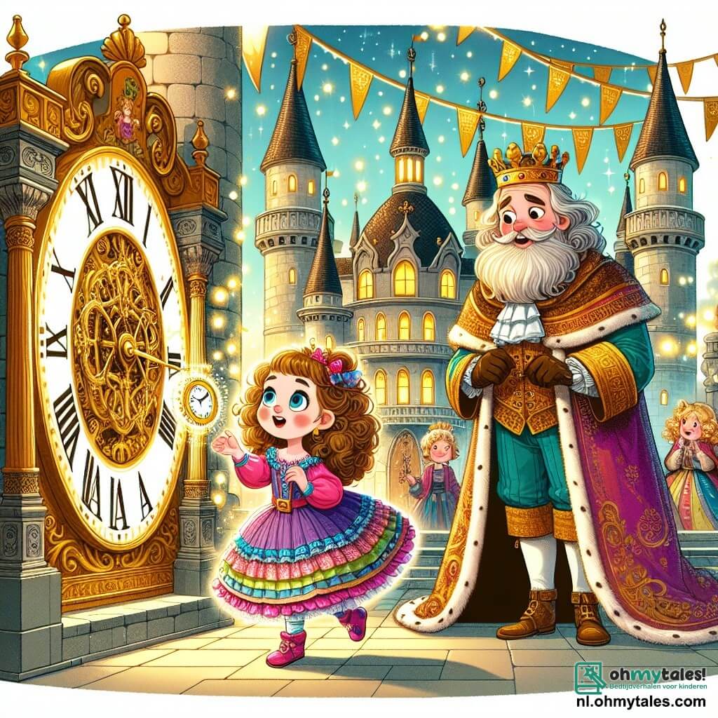 Une illustration sous forme de dessin destinée aux enfants représentant un ancien château majestueux avec de grandes tours en pierre et des drapeaux flottants, où une petite fille de 3 ans aux cheveux bouclés et aux yeux pétillants, vêtue d'une robe colorée, se tient émerveillée devant une grande horloge dorée, tandis qu'un vieux roi barbu en robe richement décorée, souriant et bienveillant, l'aide à réparer la montre, entourés de lumières scintillantes et d'une atmosphère magique de voyage dans le temps.