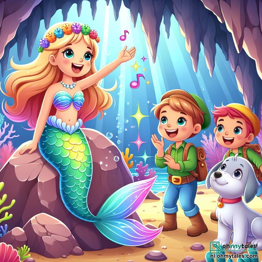 Une illustration sous forme de dessin destinée aux enfants représentant une scène magique dans une grotte sous-marine, où une sirène aux écailles scintillantes de toutes les couleurs de l'arc-en-ciel chante joyeusement sur une roche, entourée de deux autres sirènes aux longs cheveux flottants et aux sourires éclatants, tandis qu'un garçon intrépide aux yeux brillants et un chien joyeux aux oreilles tombantes les regardent avec émerveillement, tous unis dans leur mission de protéger l'océan des dangers de la pollution.