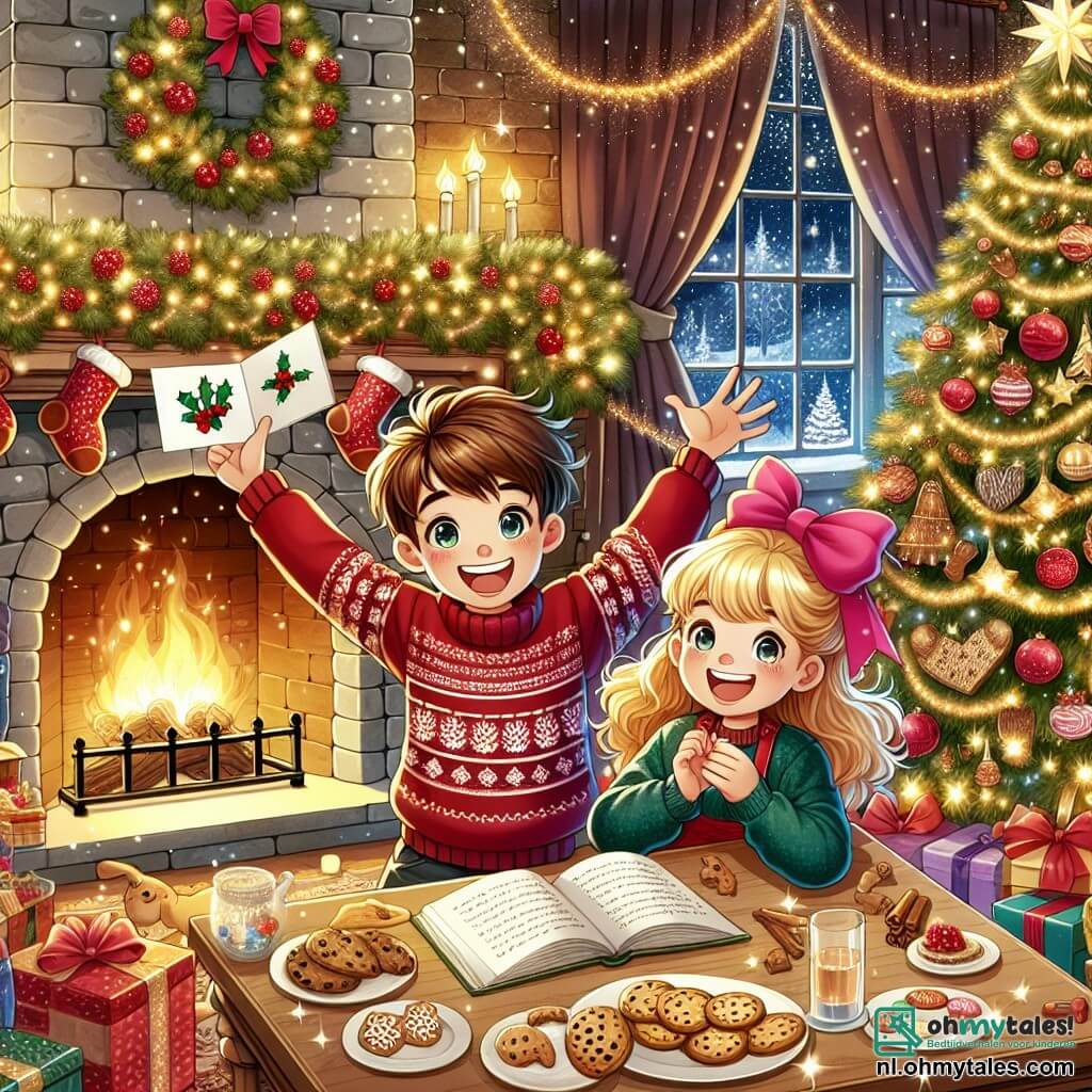 Une illustration sous forme de dessin destinée aux enfants représentant une chaleureuse salle de séjour décorée pour Noël, avec une grande cheminée en pierre et une magnifique arbre de Noël illuminé, où un garçon de 11 ans aux cheveux bruns et aux yeux pétillants, vêtu d'un pull rouge, est en train de sourire joyeusement en tenant une carte de vœux qu'il a fabriquée, tandis qu'une fille aux cheveux blonds et à la grande boucle rose, assise à côté de lui, l'encourage en applaudissant, tous deux entourés de guirlandes scintillantes et de délicieux biscuits de Noël sur la table, capturant l'esprit de partage et de joie de cette période festive.