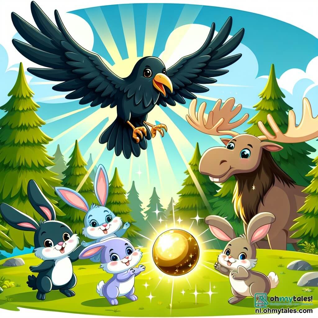 Une illustration sous forme de dessin destinée aux enfants représentant une clairière ensoleillée dans une forêt verdoyante, où un corbeau aux plumes noires brillantes et aux yeux pétillants se tient au centre, en train de voler joyeusement vers un groupe de joyeux animaux, dont un petit lapin aux grandes oreilles blanches et une élan eurasienne aux yeux malicieux, tous réunis autour d'une mystérieuse boule dorée scintillante, symbolisant leur quête d'aventures et de souhaits magiques.
