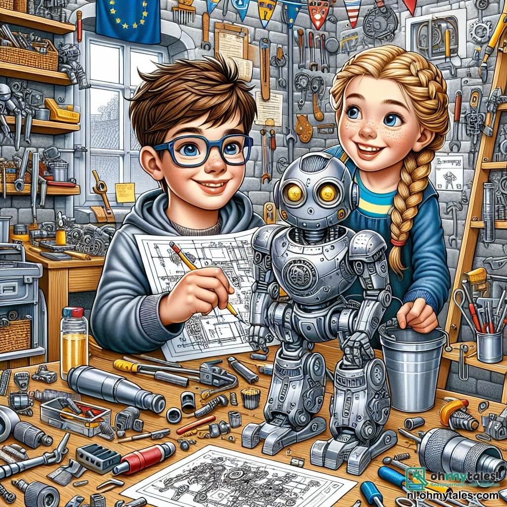 Une illustration sous forme de dessin destinée aux enfants représentant une garage en désordre rempli d'outils et de pièces de robot, où un garçon de 11 ans aux cheveux châtains et aux lunettes, concentré et souriant, travaille sur un robot en métal, tandis qu'une fille de 11 ans aux cheveux blonds tressés, vêtue d'une blouse de bricolage, l'aide en tenant un schéma technique, illustrant leur collaboration joyeuse pour créer une invention qui défie les stéréotypes de genre.