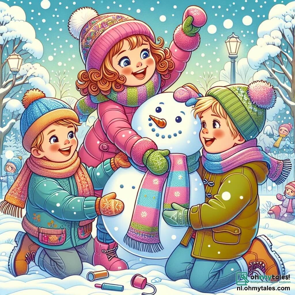 Une illustration sous forme de dessin destinée aux enfants représentant un parc hivernal enchanté, avec une fille de 7 ans aux cheveux châtains bouclés, portant une épaisse veste rose, une écharpe colorée et des gants, en train de rire joyeusement tout en construisant un grand bonhomme de neige avec deux garçons aux cheveux blonds, l'un portant un bonnet bleu et l'autre un manteau vert, tandis que des flocons de neige tombent doucement autour d'eux, créant une atmosphère festive et amicale.