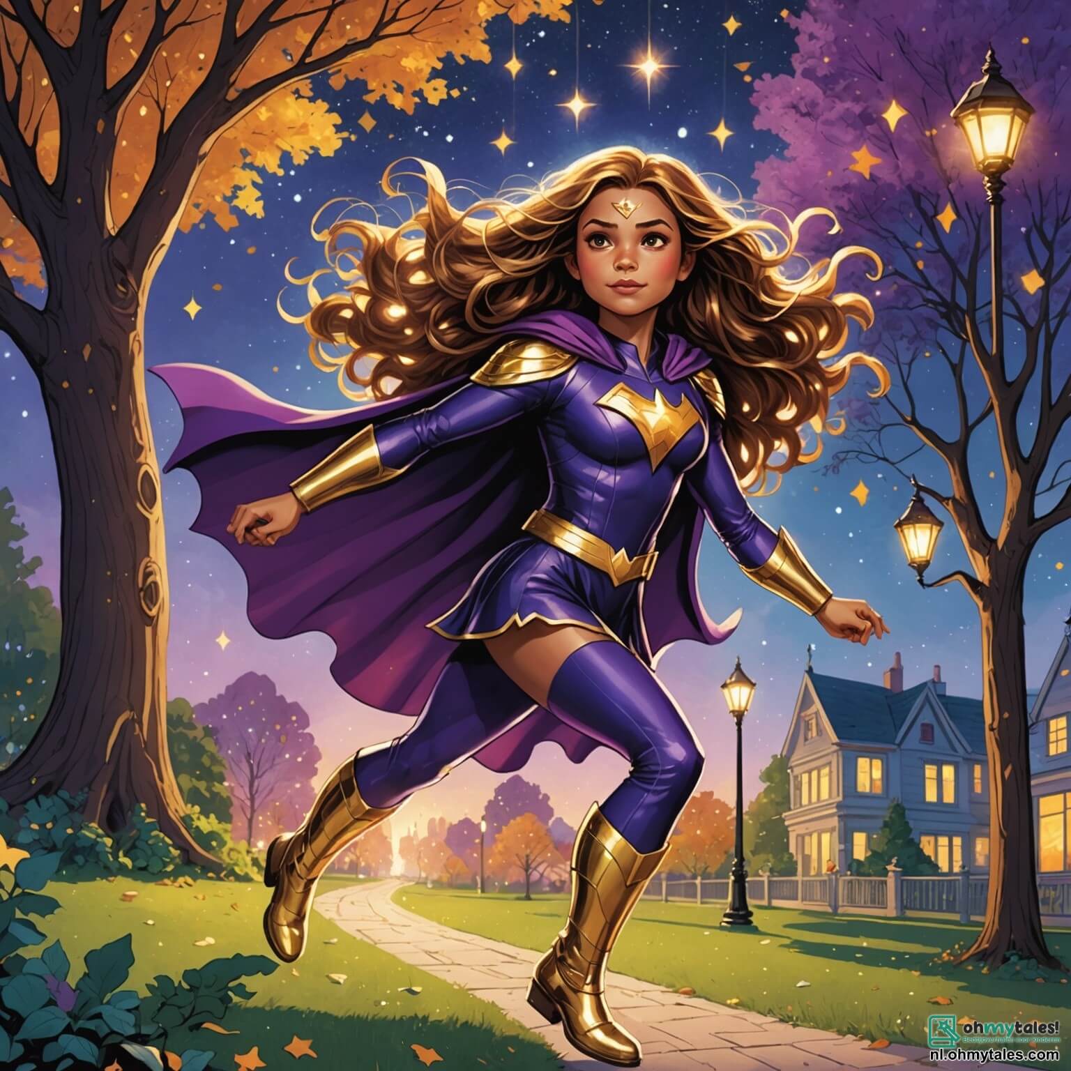 Une illustration destinée aux enfants représentant une super-héroïne aux longs cheveux ondulés scintillant comme des étoiles, vêtue d'un costume violet orné de dorures, qui vole majestueusement au-dessus d'un parc illuminé par des guirlandes de lumières colorées, où des enfants rient et jouent sous les arbres majestueux, tandis qu'une policière courageuse, une femme aux yeux pétillants et à la détermination sans faille, se tient à ses côtés, prête à l'aider à affronter un vilain au costume noir, un homme souriant malicieusement, qui tente de voler les lumières enchantées, tout cela se déroulant dans une ville vibrante, pleine de gratte-ciels étincelants et de ruelles animées, où l'espoir et l'amitié brillent comme des étoiles dans la nuit.