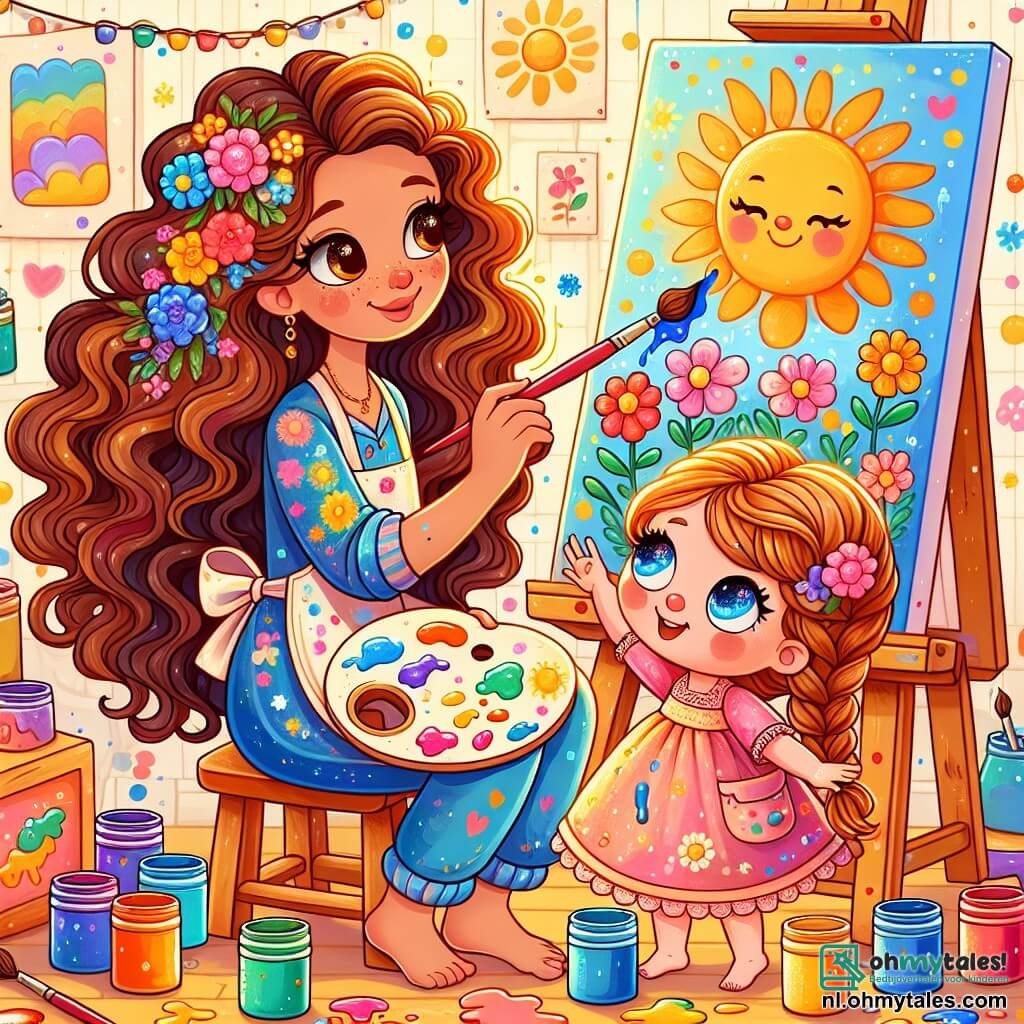 Une illustration sous forme de dessin destinée aux enfants représentant un atelier lumineux et coloré rempli de pots de peinture et de toiles, où une femme aux cheveux longs et bouclés, vêtue d'une blouse éclaboussée de peinture, est assise sur un tabouret en train de peindre un grand tableau de fleurs et de soleil, tandis qu'une petite fille aux yeux pétillants et aux cheveux tressés, portant une robe rose, l'observe avec émerveillement tout en tenant un pinceau dans sa main, illustrant ainsi leur joyeuse collaboration artistique et leur amitié créative.