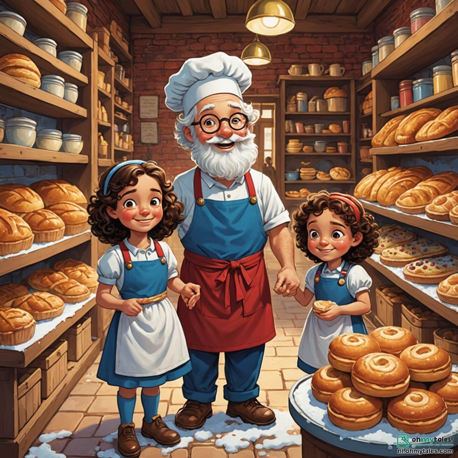 Une illustration destinée aux enfants représentant un homme au visage jovial, avec une barbe blanche comme la neige et des yeux pétillants de malice, vêtu d'une grande blouse de boulanger recouverte de farine, s'affairant dans une boulangerie chaleureuse aux murs en briques rouges, où des étagères débordent de pains dorés et de pâtisseries colorées, tandis que deux enfants, une fille aux cheveux bouclés et un garçon aux lunettes rondes, s'émerveillent devant le four à bois crépitant, où les baguettes croustillantes dorent lentement, remplissant l'air d'une odeur irrésistible de pain frais, alors qu'ils apprennent avec enthousiasme l'art de la boulangerie dans ce lieu magique où chaque coin respire la passion du métier et l'amour du bon goût.