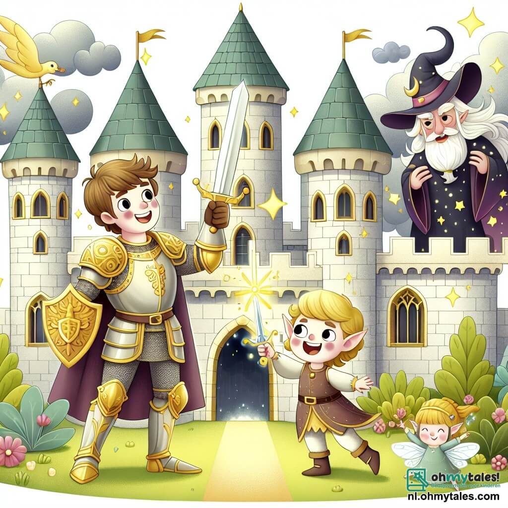 Une illustration sous forme de dessin destinée aux enfants représentant un château majestueux avec de hautes tours et une verdoyante cour fleurie, où un courageux chevalier en armure dorée, avec un visage déterminé et un grand sourire, brandit son épée brillante face à un sorcier maléfique enveloppé de ténèbres, tandis qu'une petite elfe aux oreilles pointues et aux cheveux scintillants, avec un regard malicieux, utilise sa magie pour disperser les nuages menaçants, capturant ainsi l'instant où le chevalier défie le sorcier pour protéger son royaume.