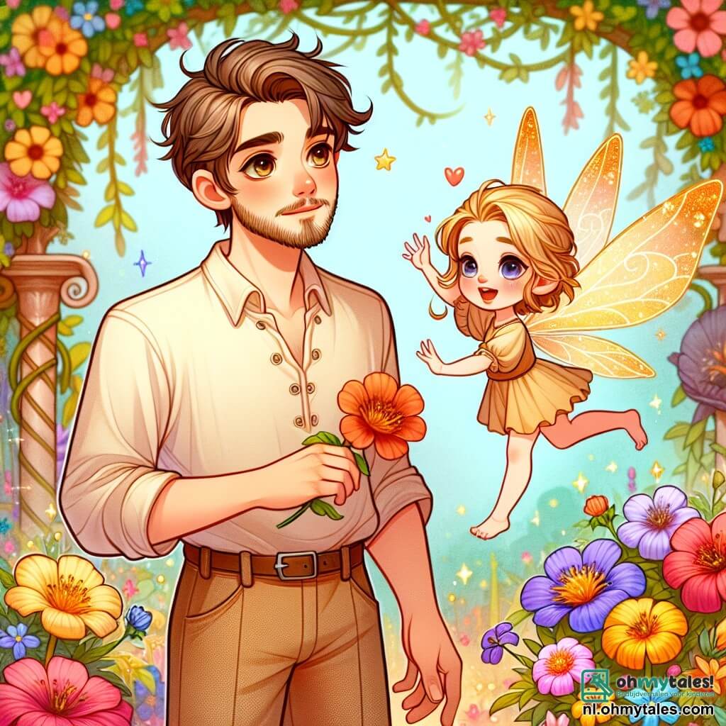 Une illustration sous forme de dessin destinée aux enfants représentant une magnifique jardin magique rempli de fleurs colorées dans des teintes éclatantes, où un homme courageux aux cheveux bruns et à la barbe légère, vêtu d'une chemise simple et d'un pantalon en toile, se tient avec un sourire émerveillé, tenant délicatement une fleur éclatante dans sa main, tandis qu'une petite elfette aux ailes scintillantes et aux cheveux dorés, flottant joyeusement à côté de lui, les yeux brillants de joie, les regarde avec admiration, alors qu'ils découvrent ensemble la beauté de ce lieu enchanteur, tout en se préparant à rencontrer une vieille sorcière mystérieuse qui protège le jardin.