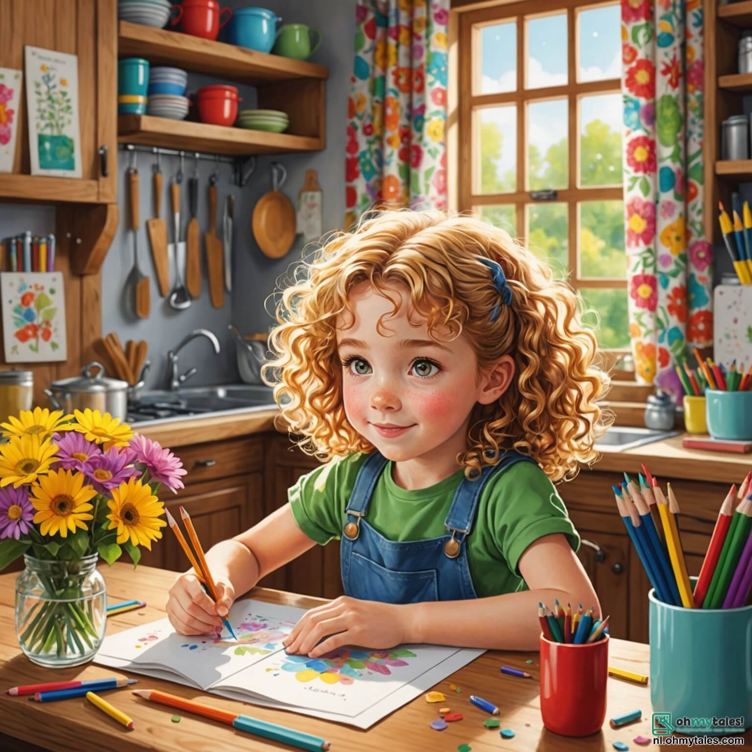 Une illustration destinée aux enfants représentant une petite fille aux cheveux bouclés et dorés, débordante d'énergie et de créativité, assise à une table en bois rustique dans une cuisine lumineuse ornée de rideaux à fleurs colorées, entourée de crayons de couleur éparpillés et de papiers brillants, s'acharnant à préparer un cadeau fait main pour son papa, un passionné de vélo, tandis que sa maman, une femme douce aux yeux pétillants, l'encourage avec un sourire chaleureux, le tout se déroulant dans une maison accueillante, baignée par la lumière du soleil filtrant à travers les fenêtres, où l'odeur de pancakes chauds flotte dans l'air, créant une atmosphère de fête des pères pleine d'amour et de complicité.