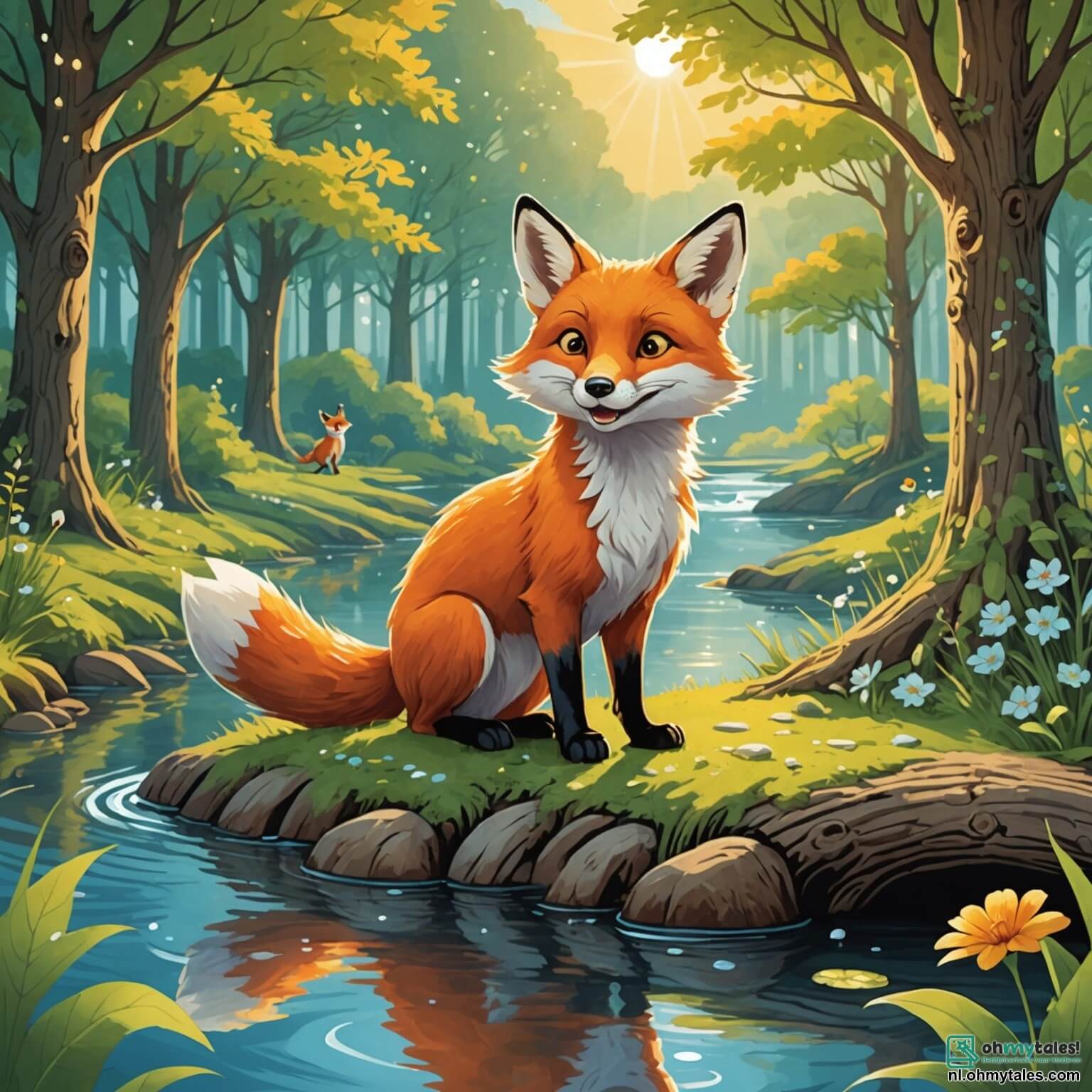 Une illustration destinée aux enfants représentant un renard à la fourrure éclatante comme les rayons du soleil, avec des yeux pétillants de malice et un sourire espiègle, se tenant fièrement au bord d'une rivière scintillante qui serpente à travers une forêt enchantée, où de majestueux arbres aux troncs noueux s'élèvent vers le ciel, leurs feuilles dansant au gré du vent, tandis qu'un groupe d'animaux, dont un joyeux lapin aux grandes oreilles et une sage chouette perchée sur une branche, se rassemblent autour de lui pour l'aider à résoudre le mystère de l'eau disparue de leur rivière, créant ainsi une atmosphère d'amitié et d'aventure au cœur de ce paysage féerique.