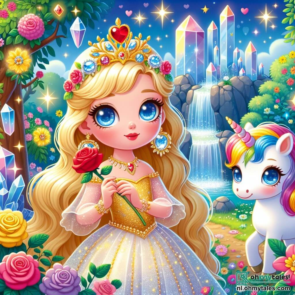 Une illustration sous forme de dessin destinée aux enfants représentant un magnifique jardin enchanté rempli de fleurs colorées et de cristaux scintillants, où une princesse aux cheveux dorés et aux yeux bleu éclatant, vêtue d'une robe étincelante, se tient avec détermination en tenant une rose rouge éclatante, tandis qu'à ses côtés, un petit unicron blanc à la crinière arc-en-ciel l'observe avec des yeux brillants, symbolisant leur amitié et leur quête pour briser une malédiction qui pèse sur leur royaume.