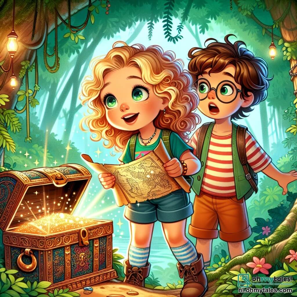 Une illustration sous forme de dessin destinée aux enfants représentant une scène magique dans une forêt verdoyante, où une fille de 11 ans aux cheveux bouclés et blonds, portant un t-shirt coloré et un short, tient une vieille carte au trésor avec des étoiles dans les yeux, tandis qu'à ses côtés, son ami, un garçon aux cheveux bruns et aux lunettes, observe avec émerveillement une grande kiste ancienne ornée de motifs mystérieux, symbolisant leur quête d'aventure et de découvertes dans un monde rempli de secrets.