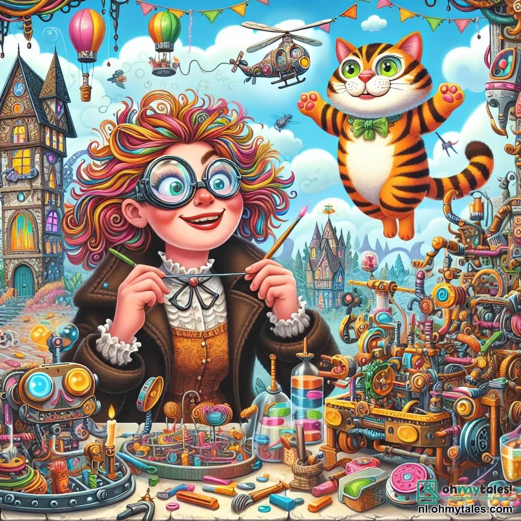 Une illustration destinée aux enfants représentant une femme excentrique aux cheveux en désordre comme une forêt enchantée, portant des lunettes décalées et un sourire éclatant, entourée de machines farfelues et colorées dans son atelier débordant de gadgets étranges, où elle tente de créer une invention incroyable pour transformer son paresseux chat, un mâle au pelage tigré, en un super-héros capable de voler, le tout se déroulant dans un village magique aux arbres aux bonbons et aux maisons en pain d'épice, où les enfants, des garçons et des filles aux yeux émerveillés, viennent souvent admirer ses créations étonnantes.