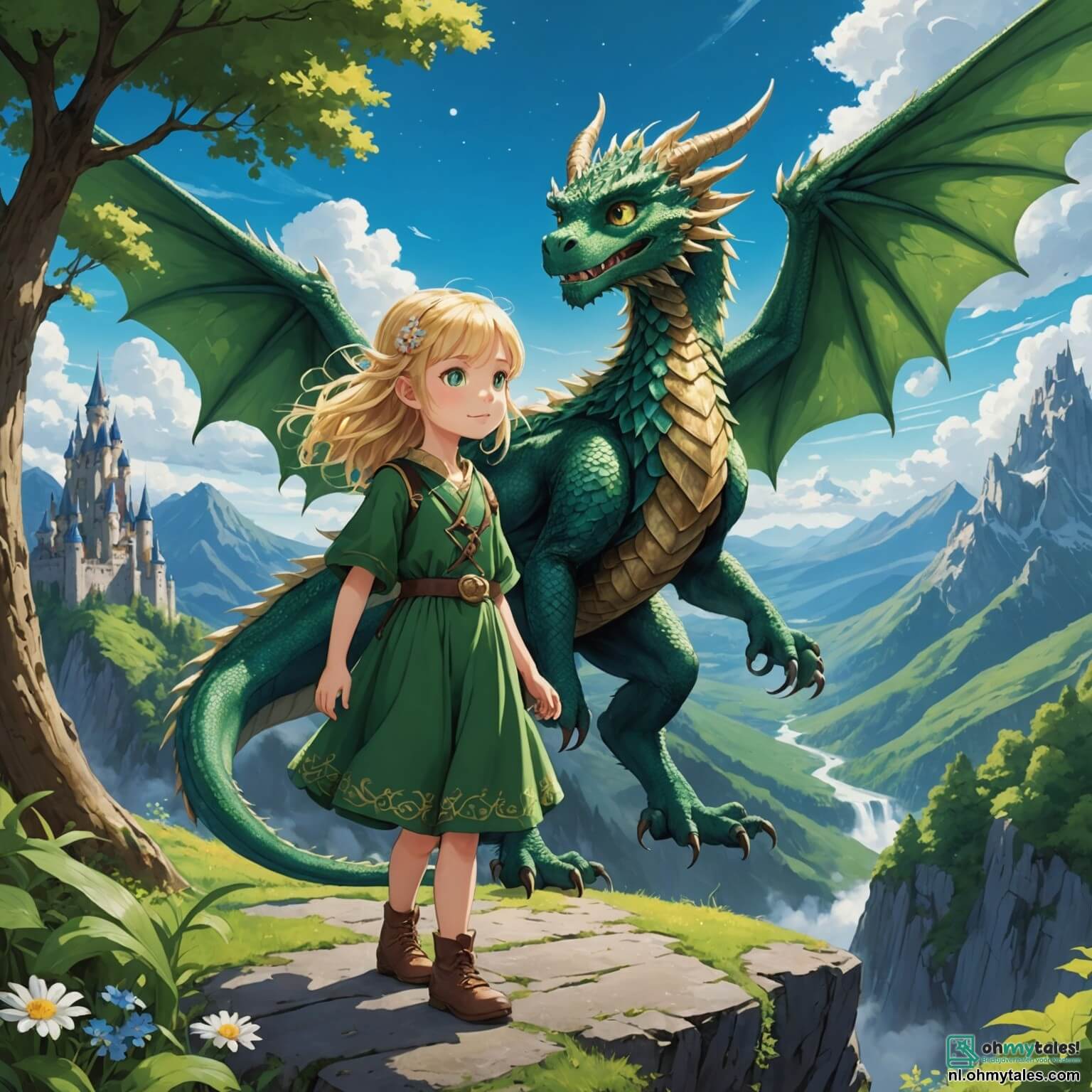 Une illustration destinée aux enfants représentant un majestueux dragon aux écailles scintillantes comme des étoiles, aux ailes immenses déployées dans un ciel azur, se tenant fièrement au sommet d'une montagne verdoyante, entouré de nuages cotonneux, tandis qu'il fait face à une petite fille courageuse aux cheveux dorés, vêtue d'une robe verte, qui s'aventure dans la forêt enchantée en quête d'une fleur magique, avec à leurs côtés un sage hibou aux yeux perçants, perché sur une branche d'un arbre ancien, tous deux unis dans une aventure palpitante pour protéger leur monde des sombres créatures qui menacent de le plonger dans l'obscurité.