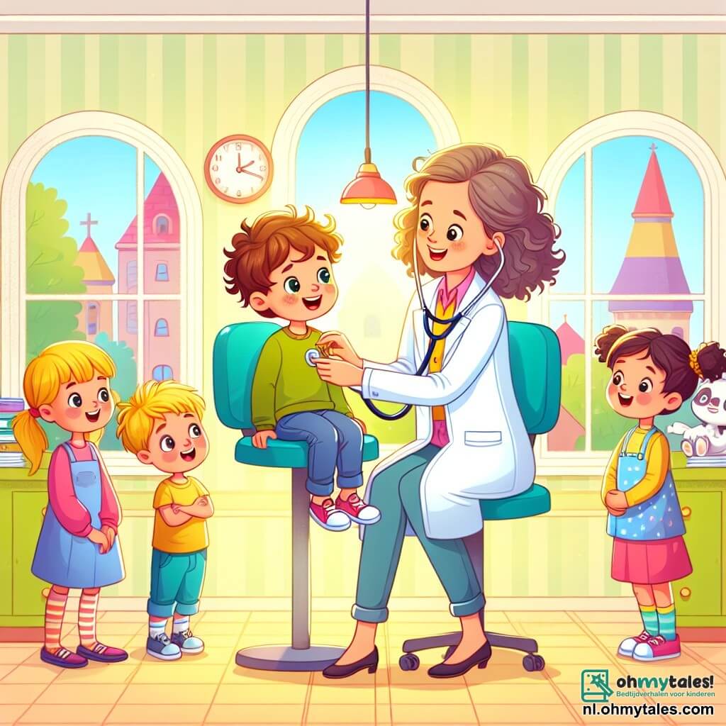 Une illustration sous forme de dessin destinée aux enfants représentant une salle de consultation lumineuse et colorée dans un petit hôpital, où une médecin bienveillante aux cheveux bouclés et à la blouse blanche examine un jeune garçon aux yeux pétillants, assis sur une chaise, tandis qu'un groupe de trois enfants (une fille aux cheveux blonds, un garçon aux cheveux bruns et une autre fille avec des couettes) observe avec curiosité et enthousiasme, tous souriant et riant ensemble, créant une atmosphère chaleureuse et amicale autour de la magie de la médecine et de l'amitié.